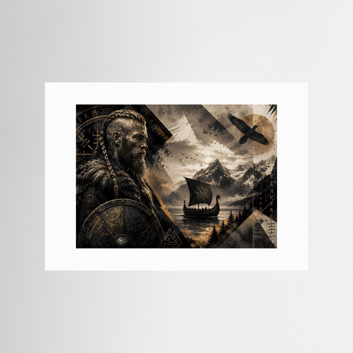 Poster im Querformat mit Wikingerkrieger, Langschiff und Rabenmotiv in Schwarz und Gold.