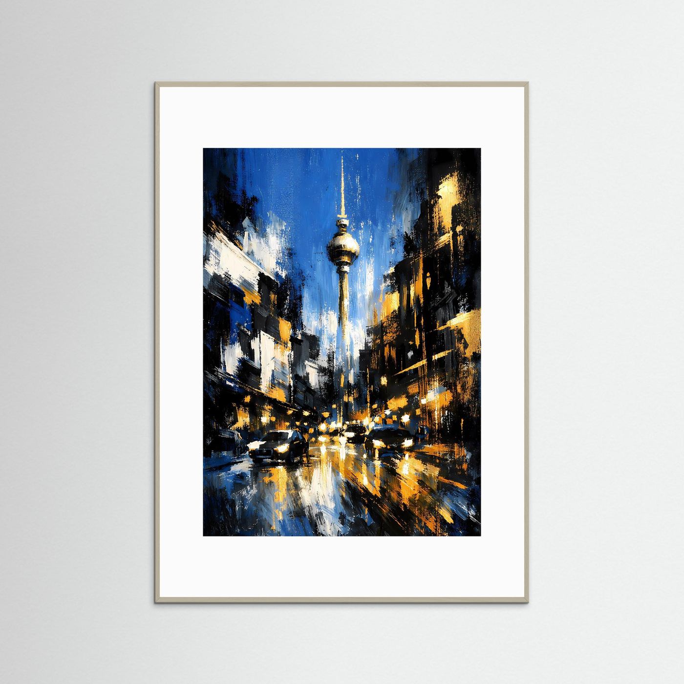 Hochformatiges Poster mit abstrakter Stadtansicht und Fernsehturm, graue Holzrahmung