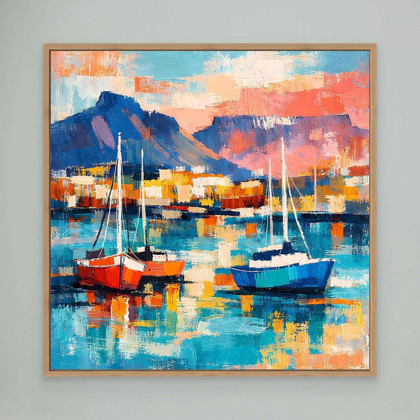 Leinwand-Wandbild mit Segelbooten, Eichenholzrahmen, türkis-blaues Hafenmotiv mit Orange