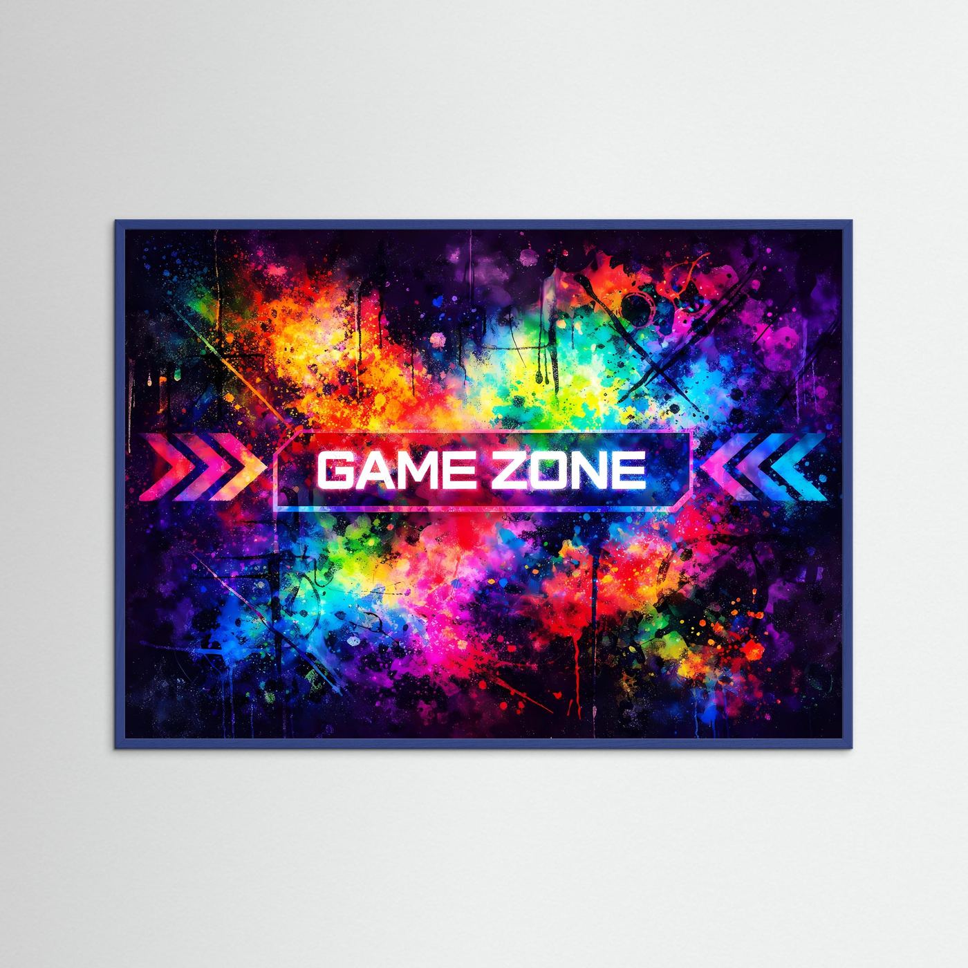 Pop-Art-Poster „Game Zone“ mit bunten Farbspritzern und Pfeilen, mit grauem Rahmen