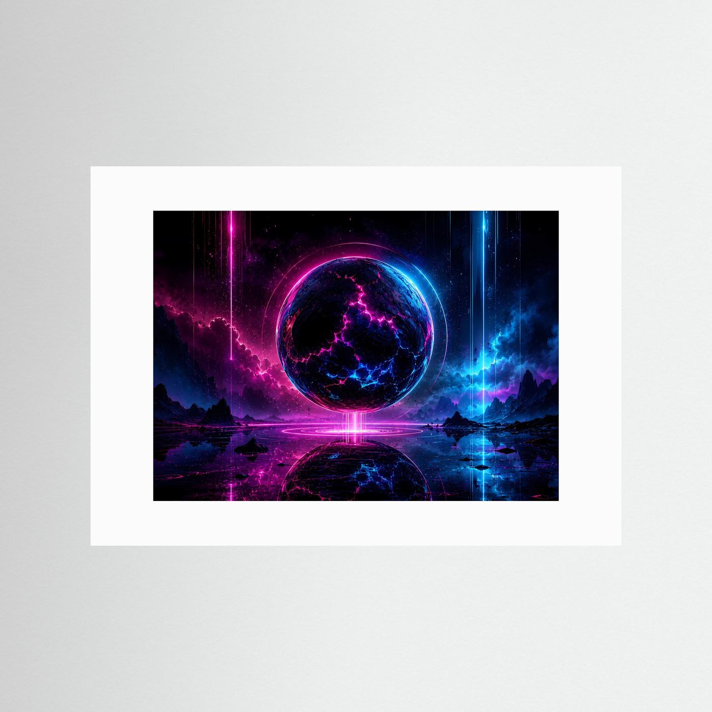 Neon Sphäre Poster Querformat | Futuristische Kosmische Wandkunst in Pink & Blau | Sci-Fi Wandbild Modern