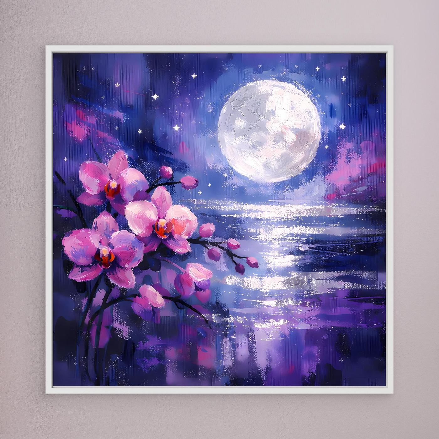 Wandbild im weißen Rahmen: pinke Blumen und Vollmond über blau-violettem Wasser