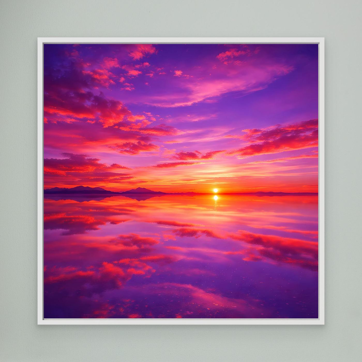 Leinwandbild mit lila-purpurfarbenem Sonnenuntergang, Sonne am Horizont, Wolken und Berge, weiß gerahmt