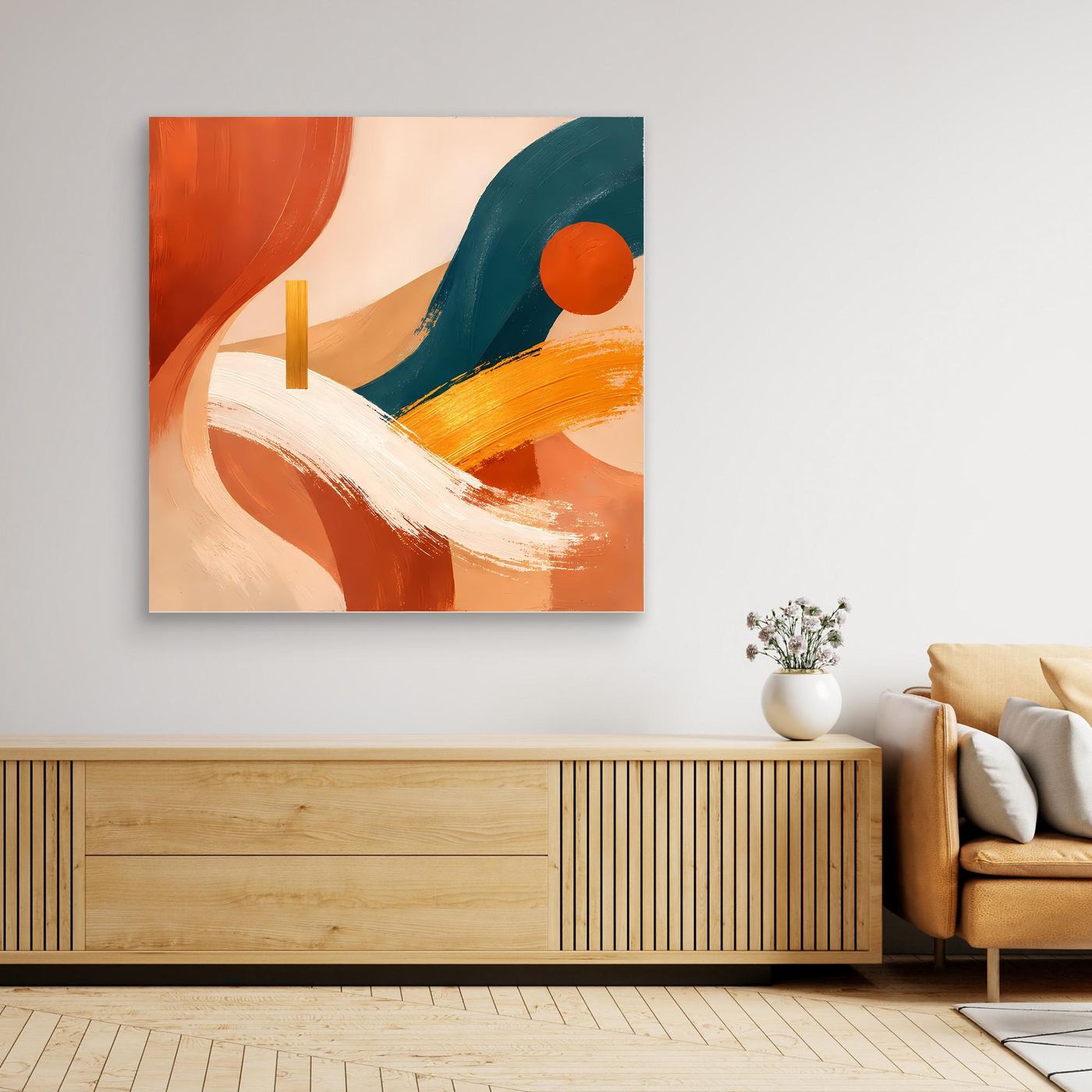 Abstraktes Boho-Leinwandbild ohne Rahmen mit Terracotta-, Petrol- und rotem Kreismotiv