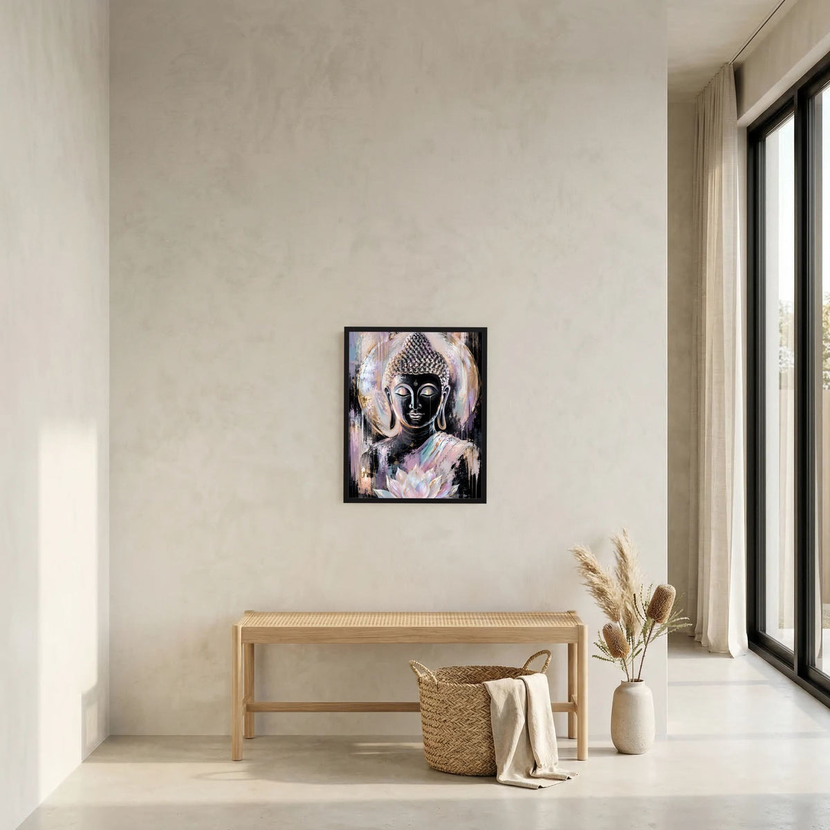 Buddha-Kunstposter mit Lotusblüte im schwarzen Rahmen an der Wand.
