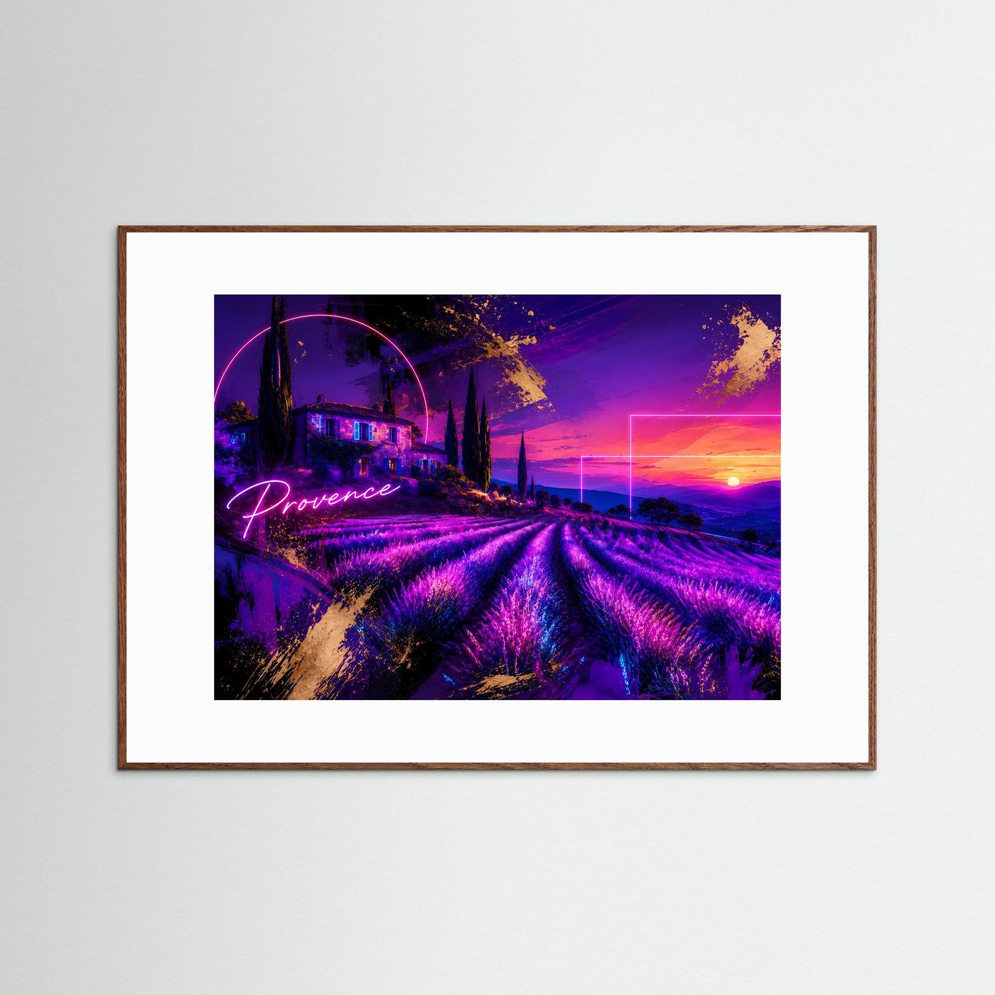 Provence Lavendelfeld Neon Poster | Futuristische Landschaft | Lavendel Sonnenuntergang | Moderne Wandkunst | Fine Art Print