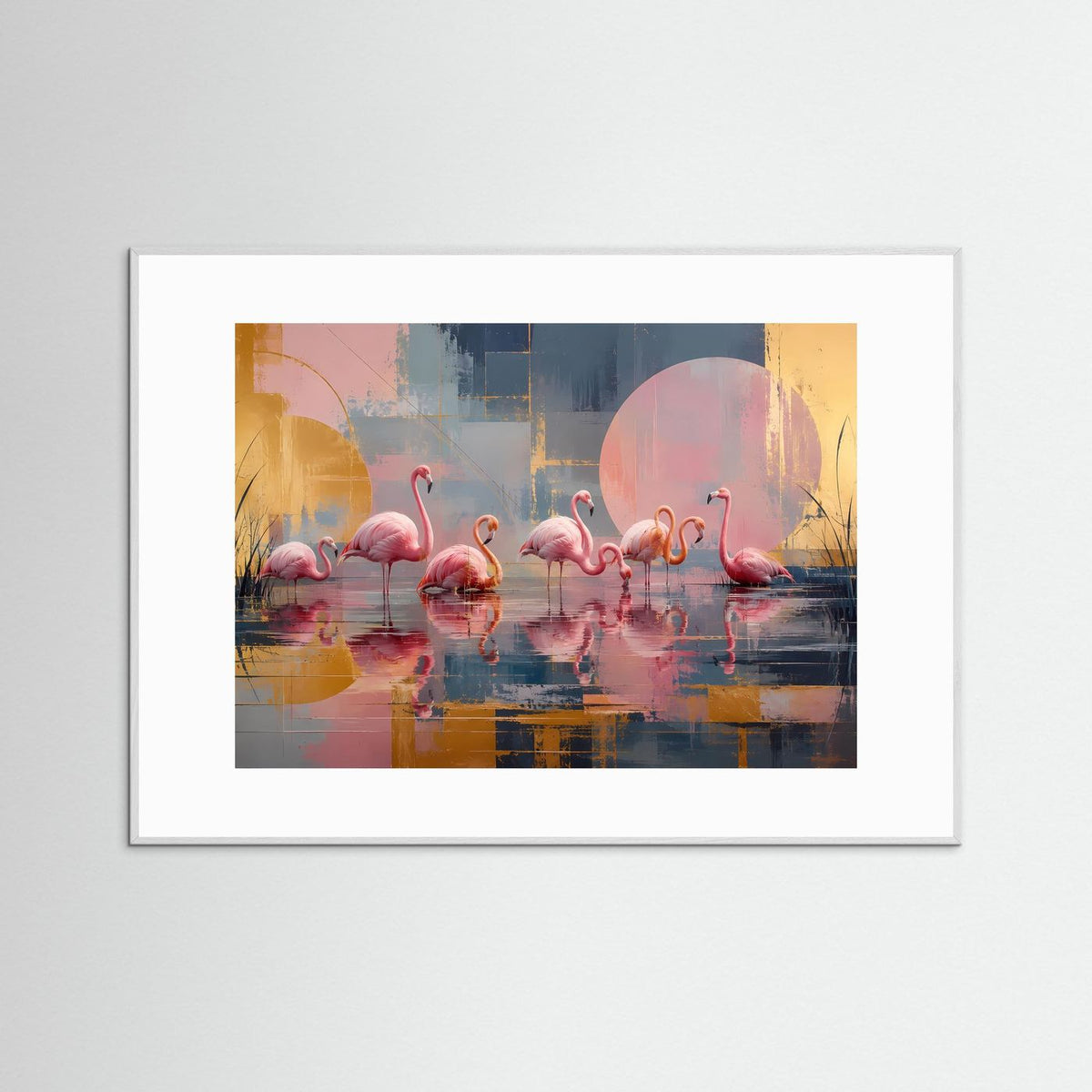 Gerahmtes Flamingo-Wandbild: rosa Flamingos, pastellfarbener See, Goldakzente, grauer Rahmen