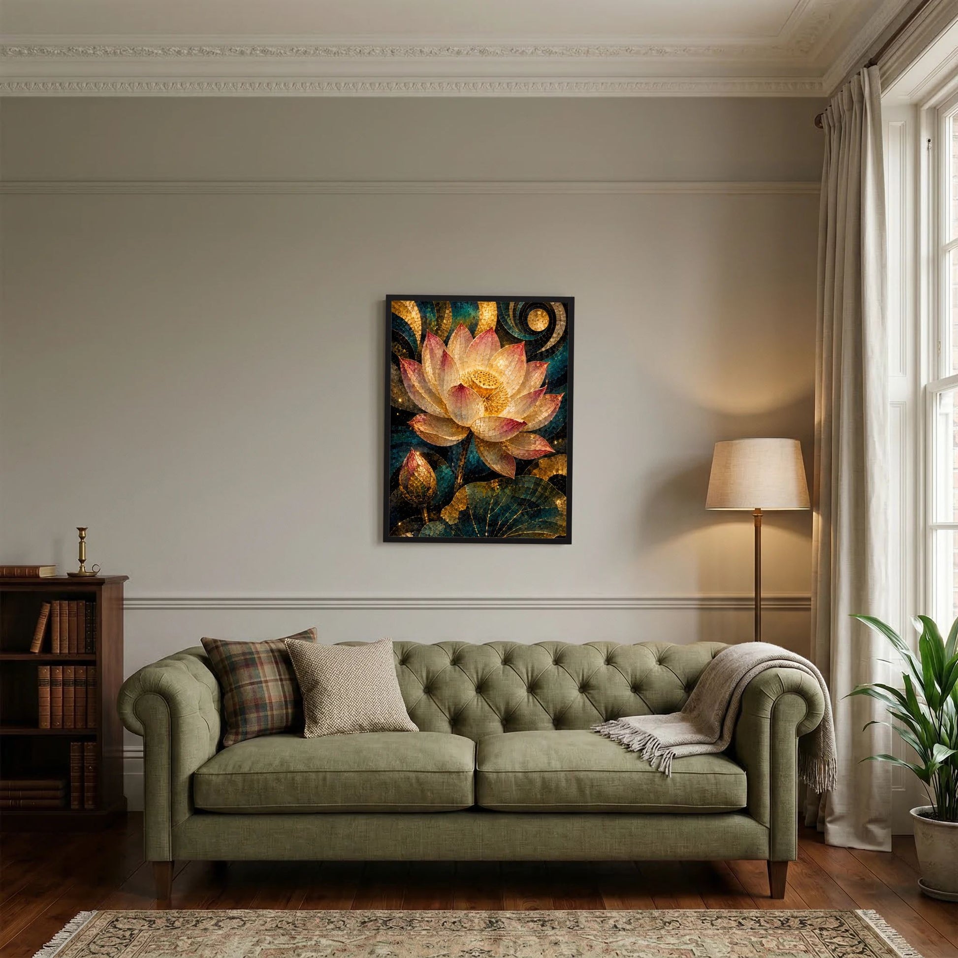 Poster mit Lotusblüte im Mosaikstil, goldene und petrolfarbene Akzente, schwarzer Rahmen