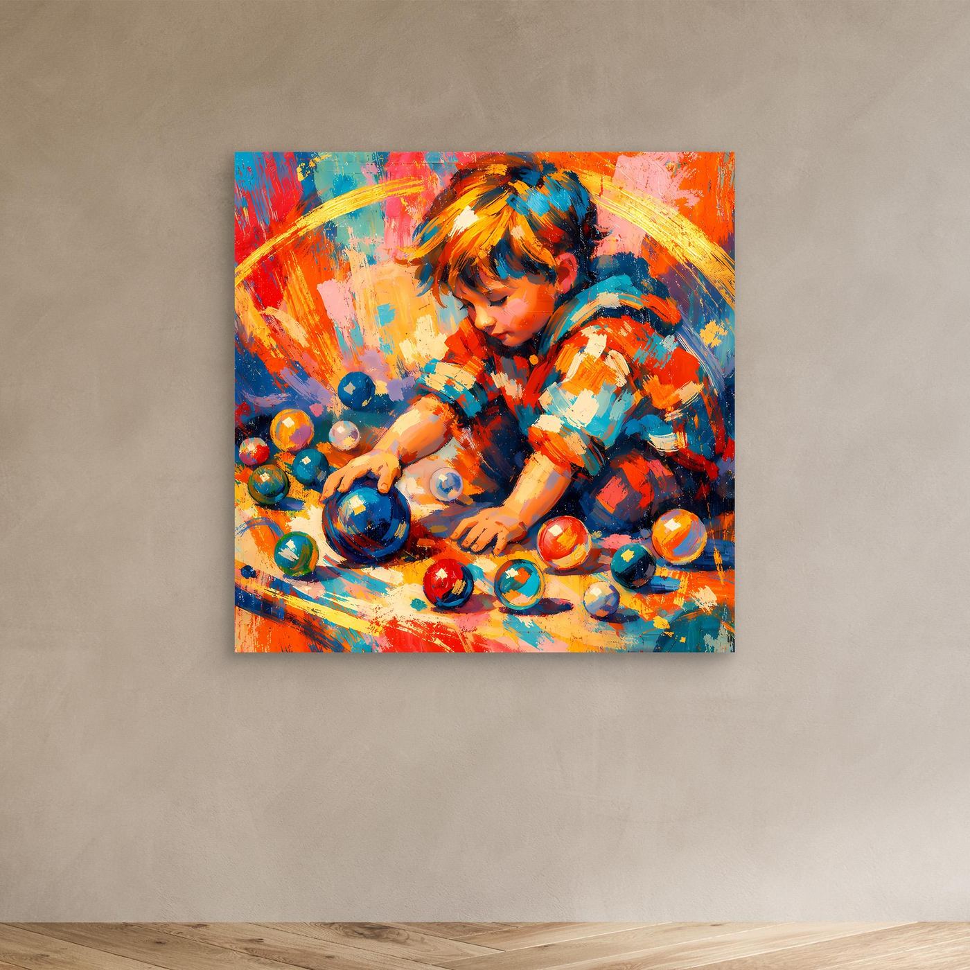 Leinwandbild Spielendes Kind mit bunten Kugeln, abstraktes Portrait, ohne sichtbaren Rahmen