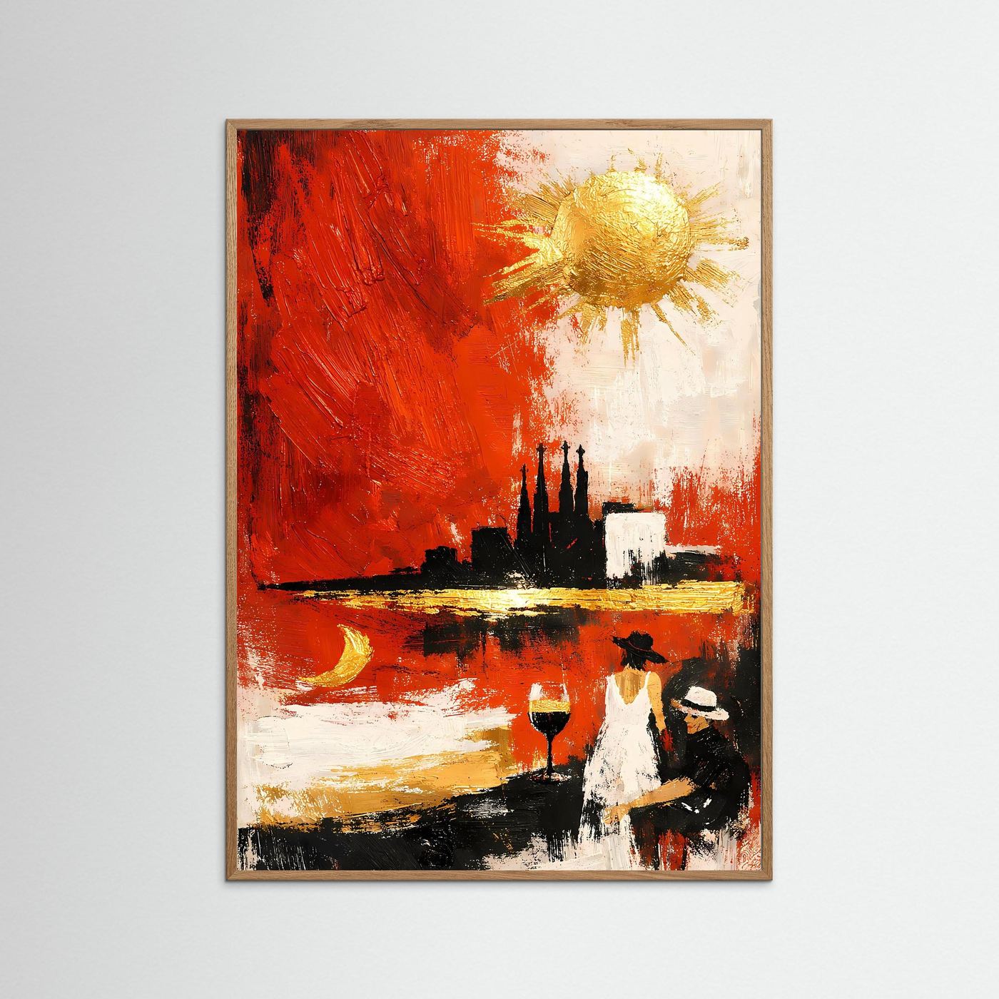 Abstraktes Skyline-Kunstposter mit hellem Eichenrahmen, Feuerrot & Gold, Sonne, Figuren