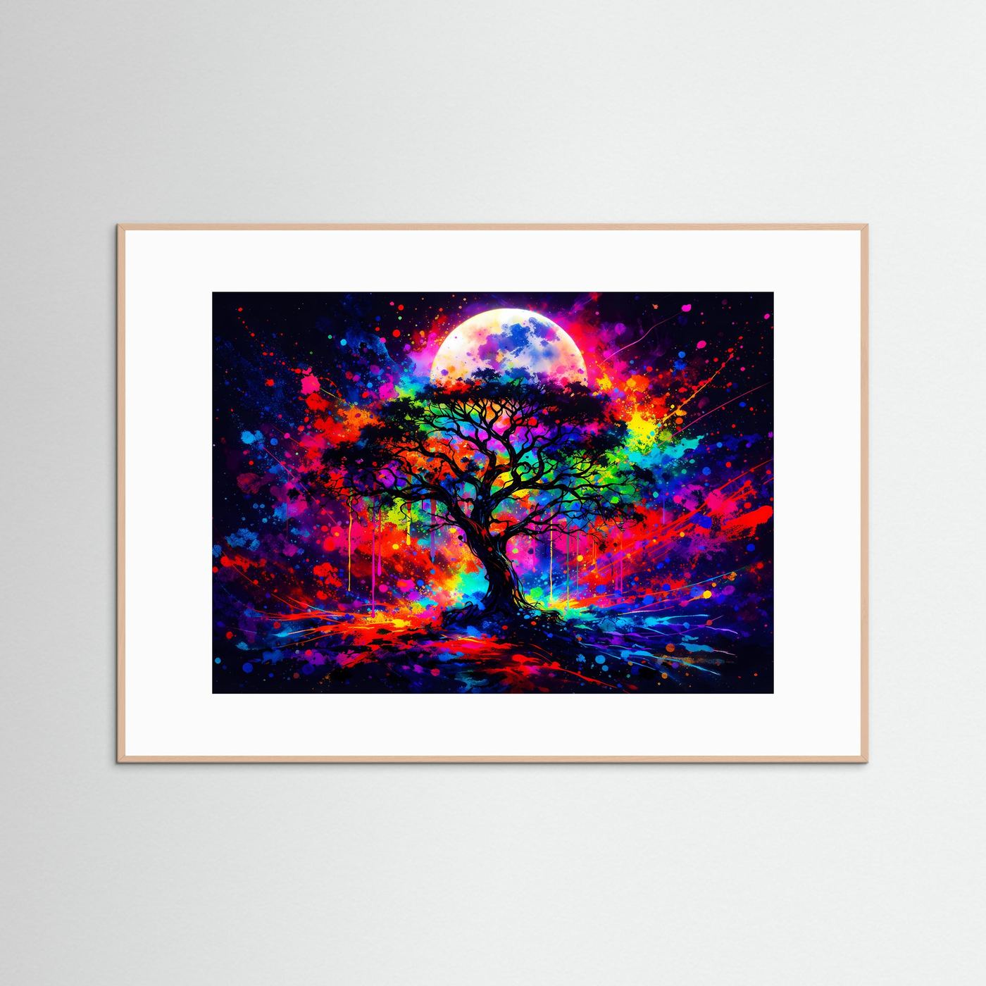 Wandposter mit buntem Baum-Silhouettenmotiv und Vollmond, in rosafarbenem Holzrahmen