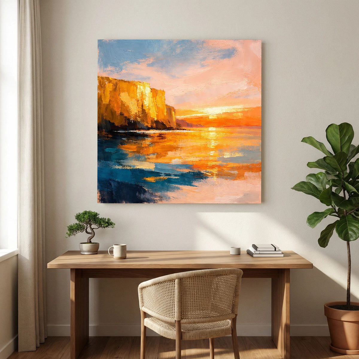 Leinwand-Wandbild mit abstrakter Steilküste, warmes Orange und kühles Blau im Farbverlauf