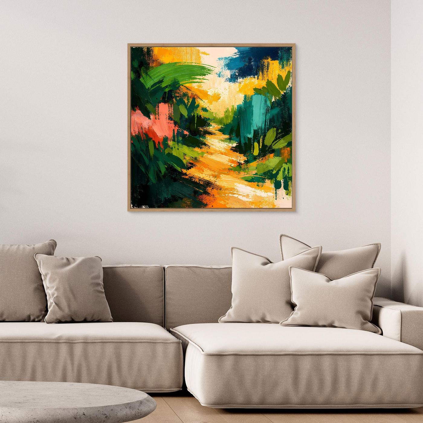 Framed square abstract forest path canvas wall art with teal, yellow, and orange highlights