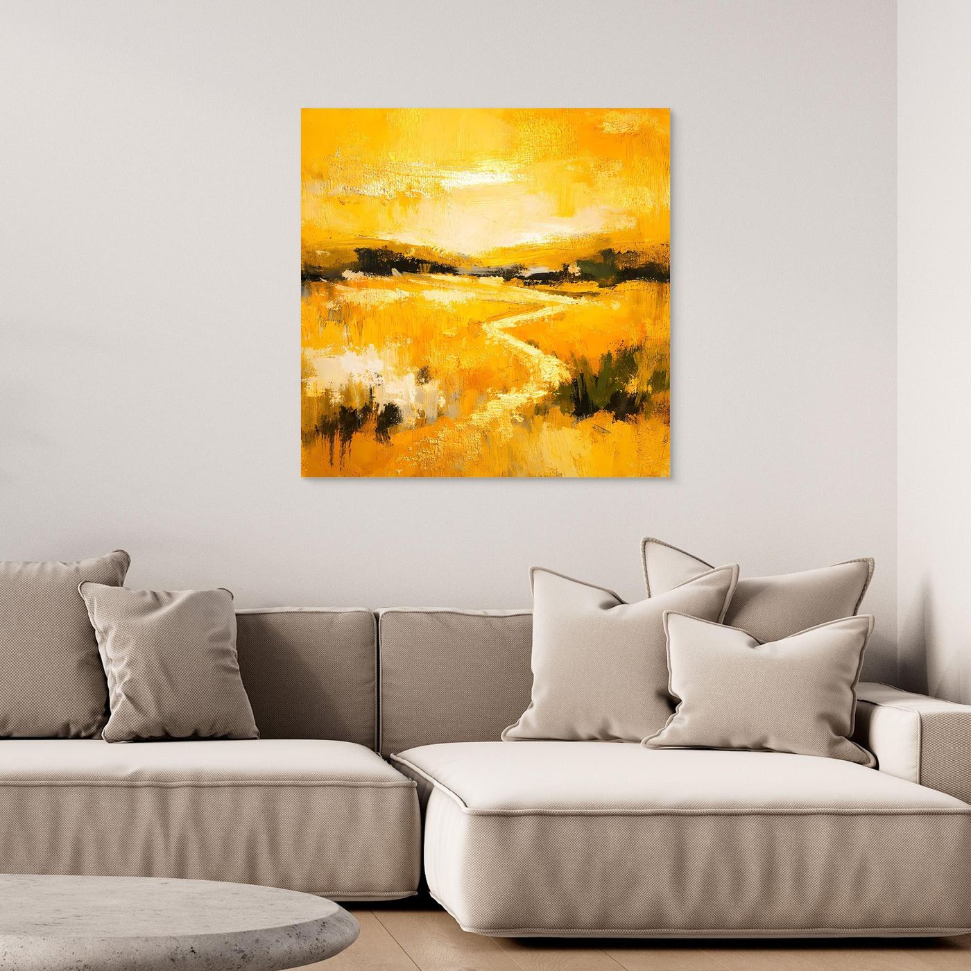 Leinwand Abstraktes Landschaftsgemälde in Gelb und Gold | Modernes Natur Wandbild mit Fluss