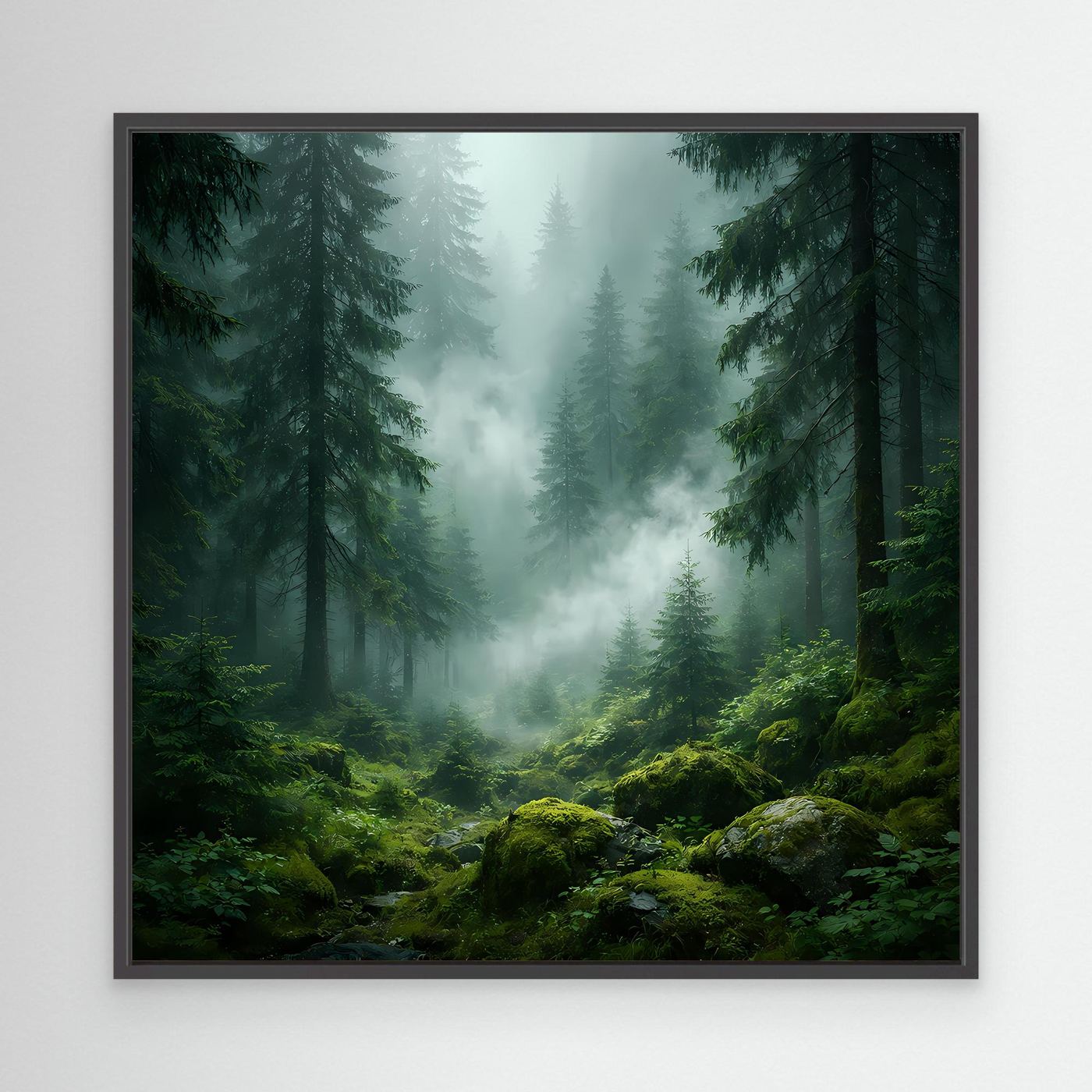 Leinwandbild Wald mit Nebel und Tannen, moosige Felsen, schwarzer Rahmen
