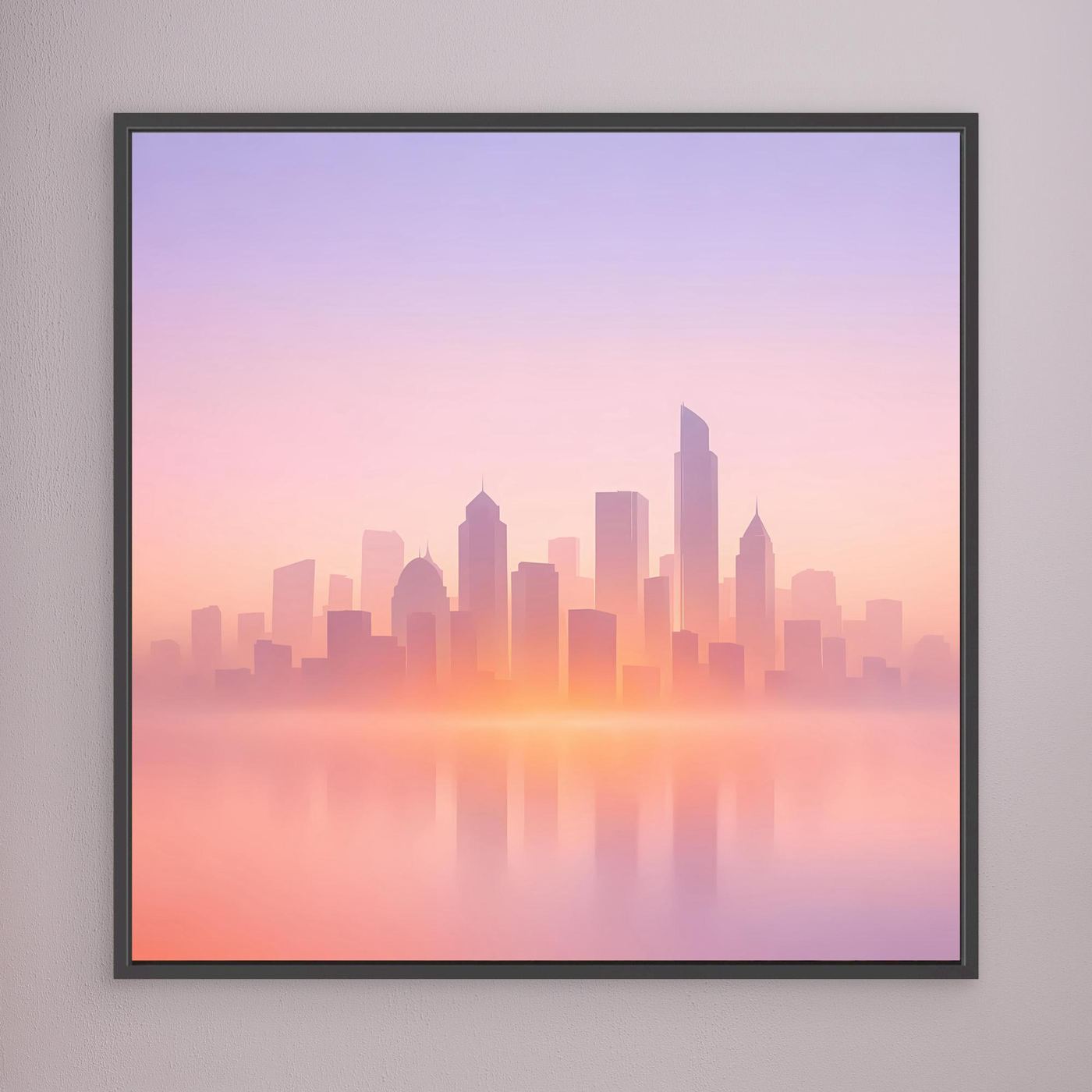 Quadratisches Leinwand-Wandbild mit Skyline im Dunst, schwarz gerahmt