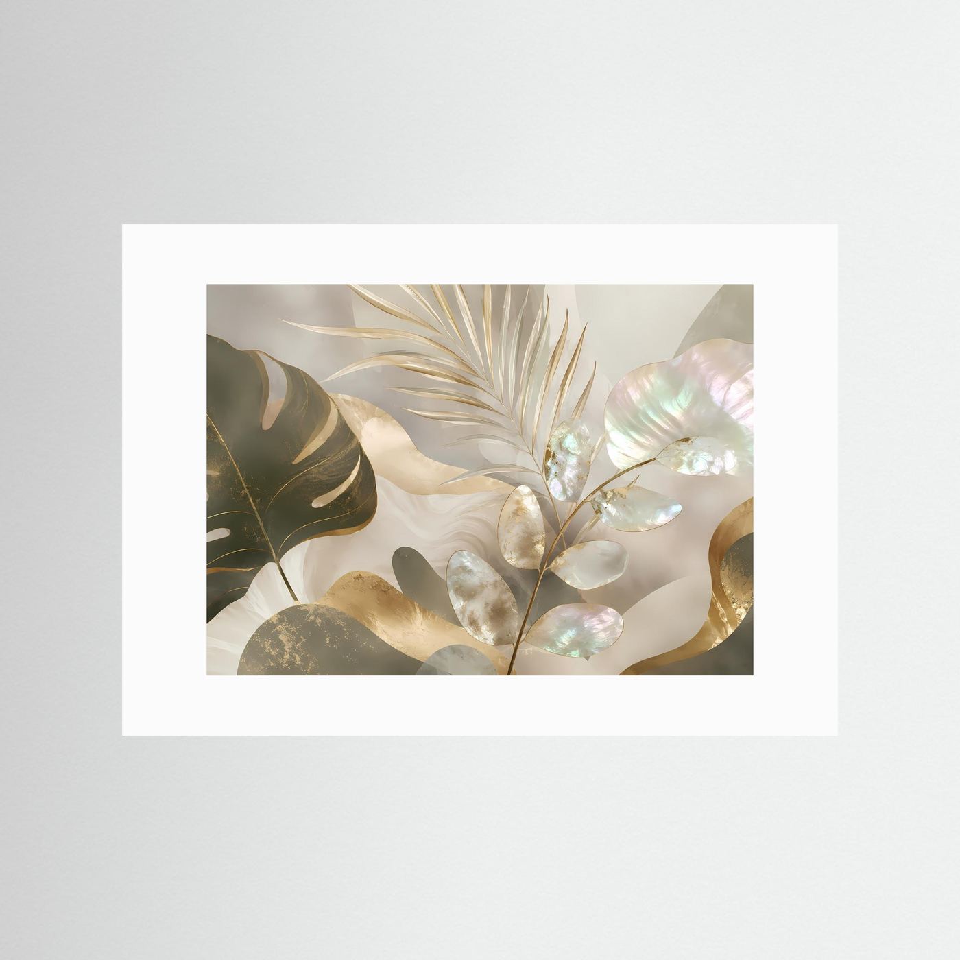 Abstraktes botanisches Poster im Querformat mit weißem Passepartout und Perlmuttblättern
