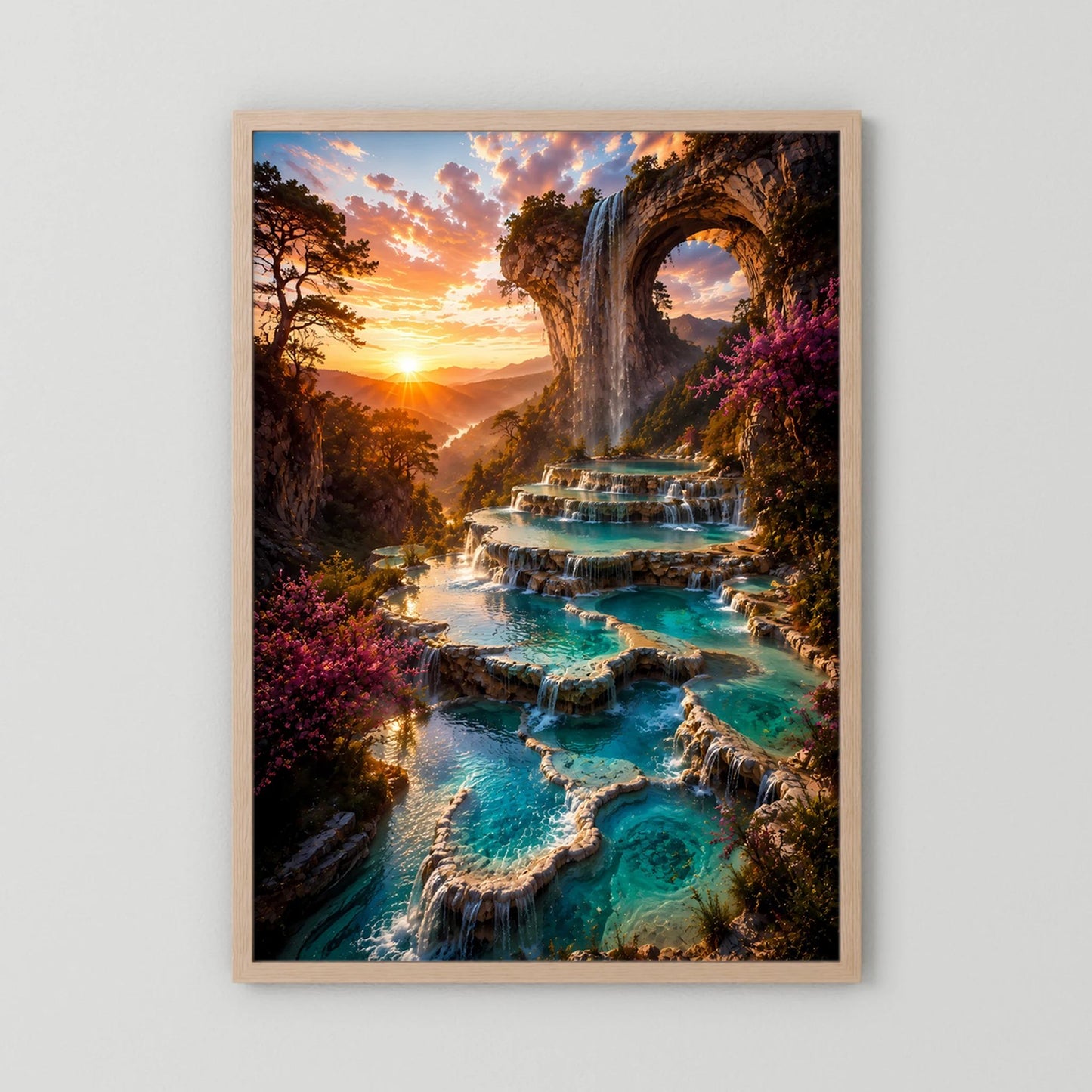 Kunstposter Hochformat mit hellem Holzrahmen, Wasserfall und türkisfarbene Wasserterrassen im Felsbogen