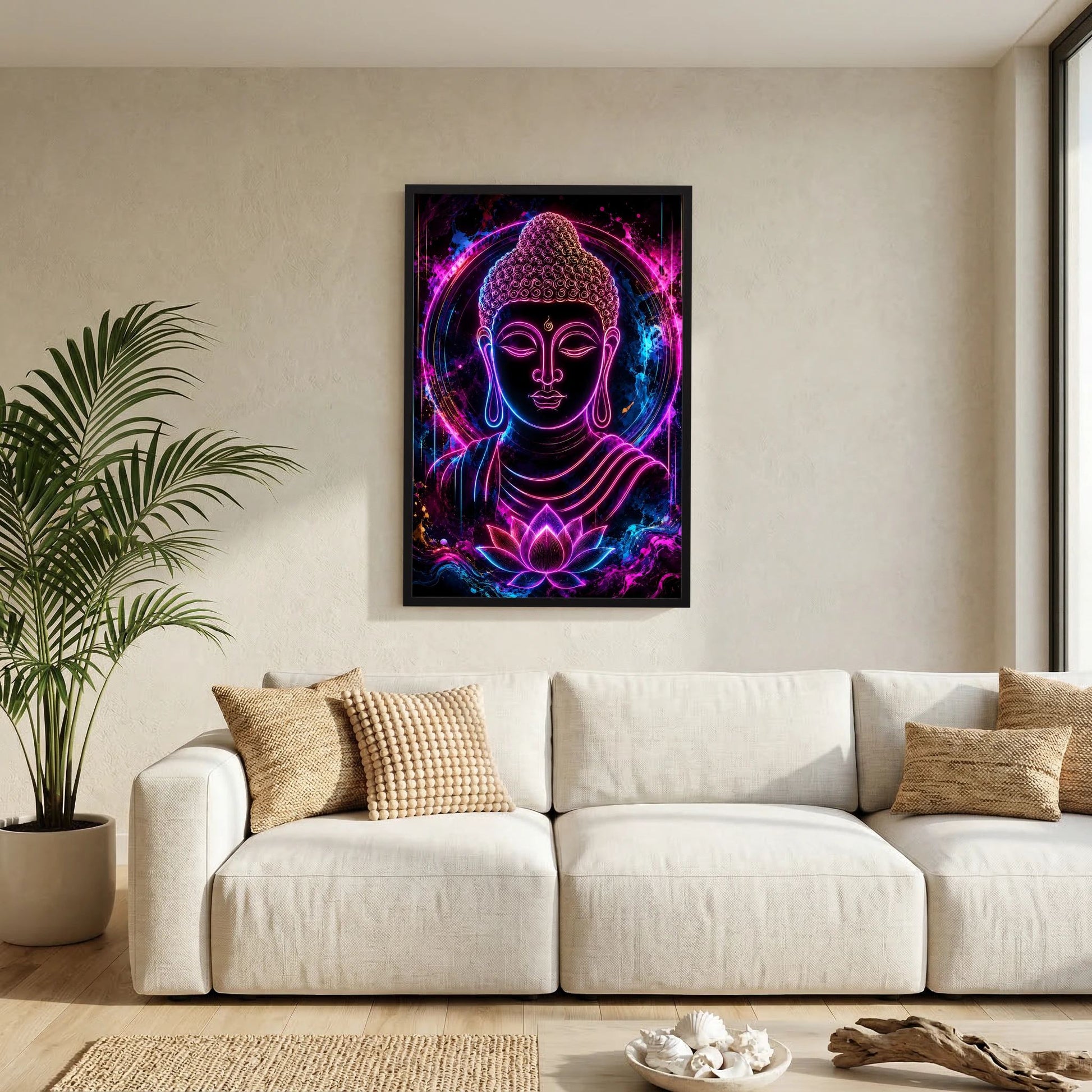 Neon-Buddha-Kunstwerk mit schwarzem Rahmen und leuchtender Pink-Blau-Lotus-Grafik