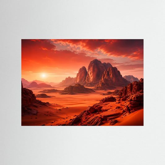 Naturposter: Wüstenlandschaft mit rotem Sonnenuntergang und Felsformationen
