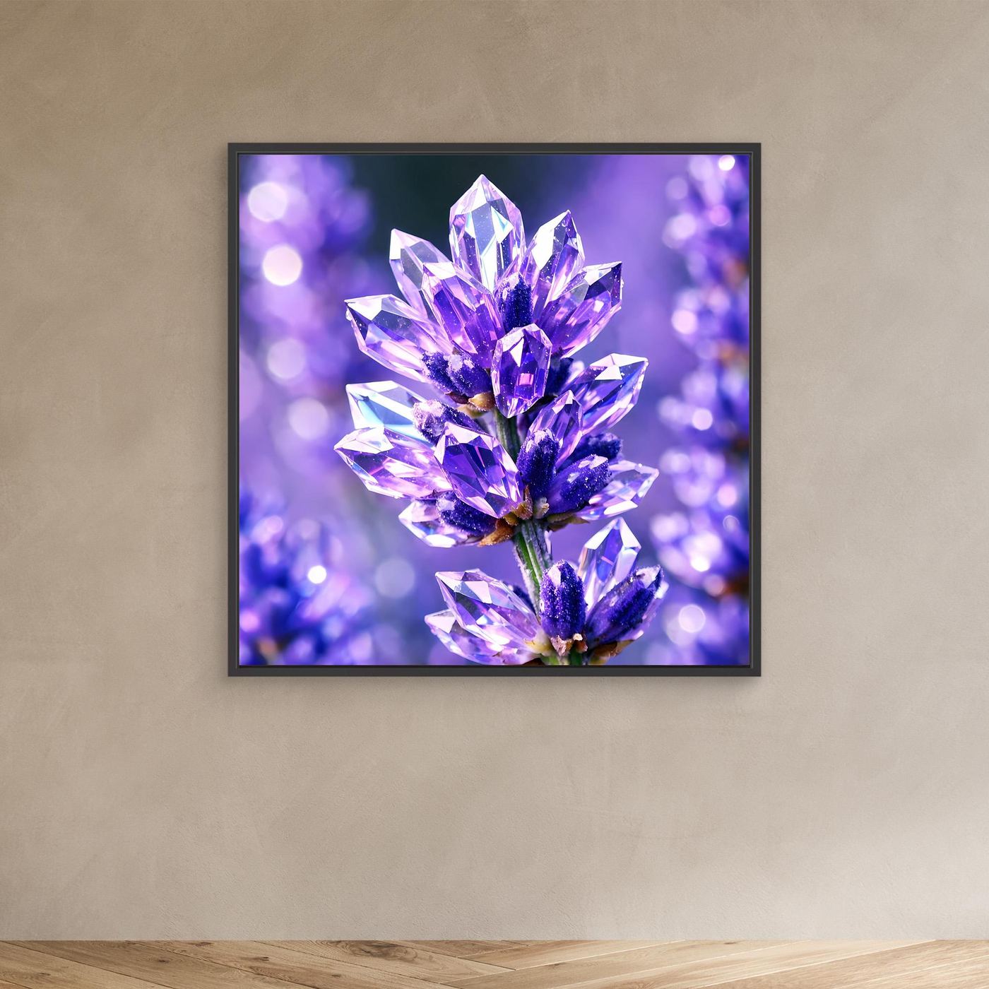 Leinwandbild mit abstrakter Kristallblume in Lavendel und Violett, schwarzer Rahmen