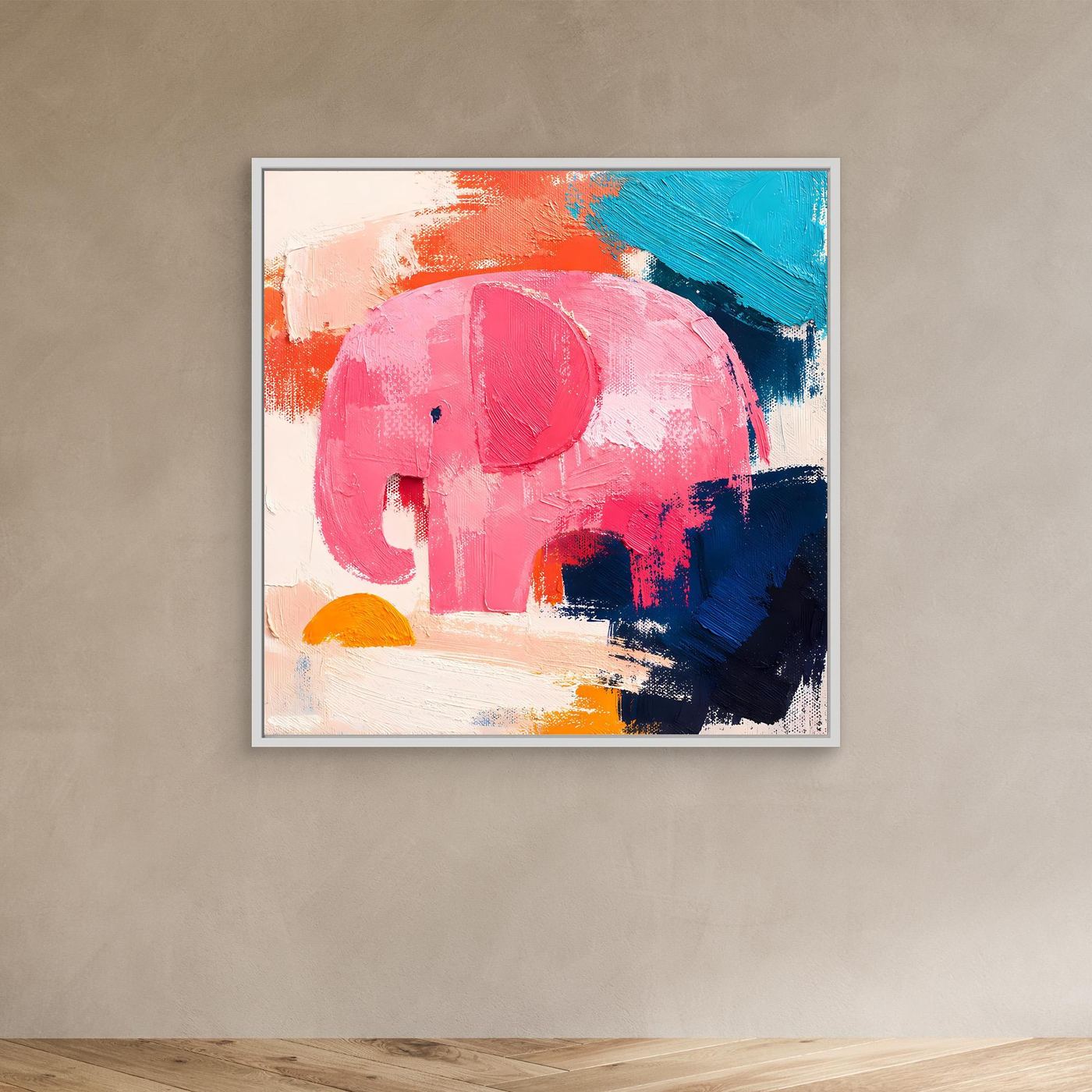 Abstract elephant wall painting with pink elephant, blue background, and orange details