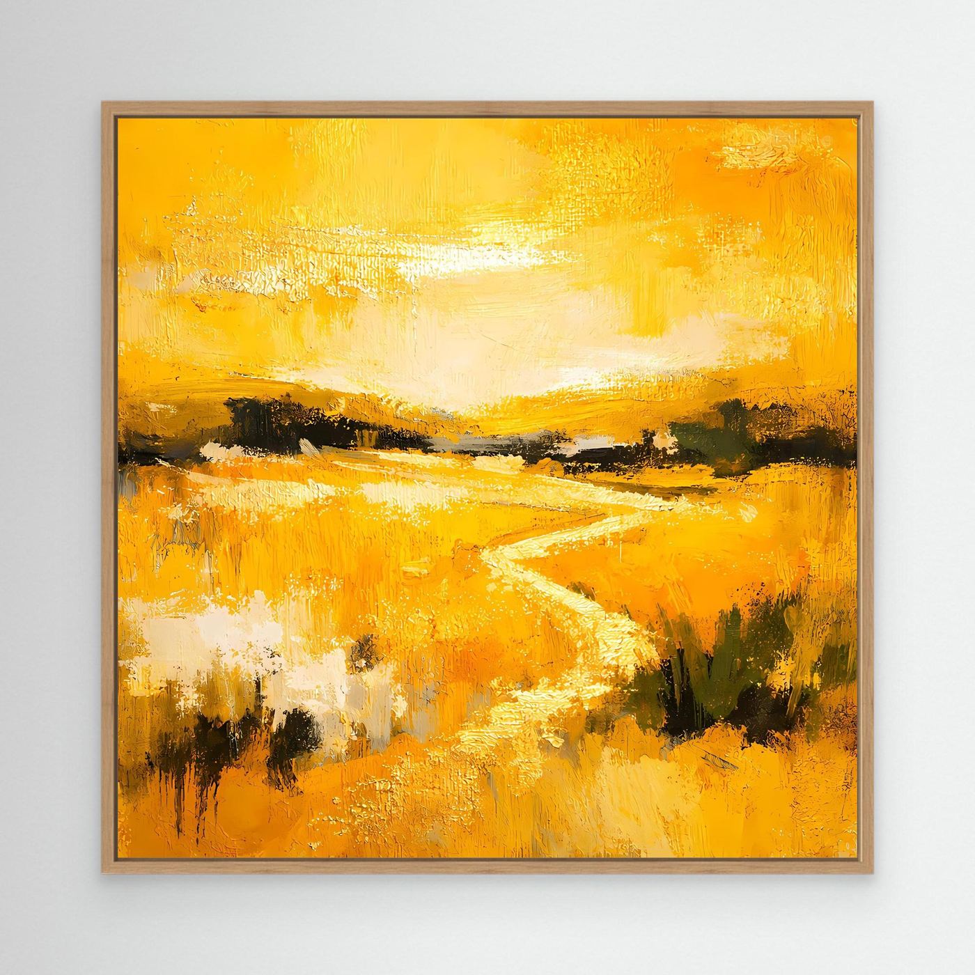Leinwand Abstraktes Landschaftsgemälde in Gelb und Gold | Modernes Natur Wandbild mit Fluss