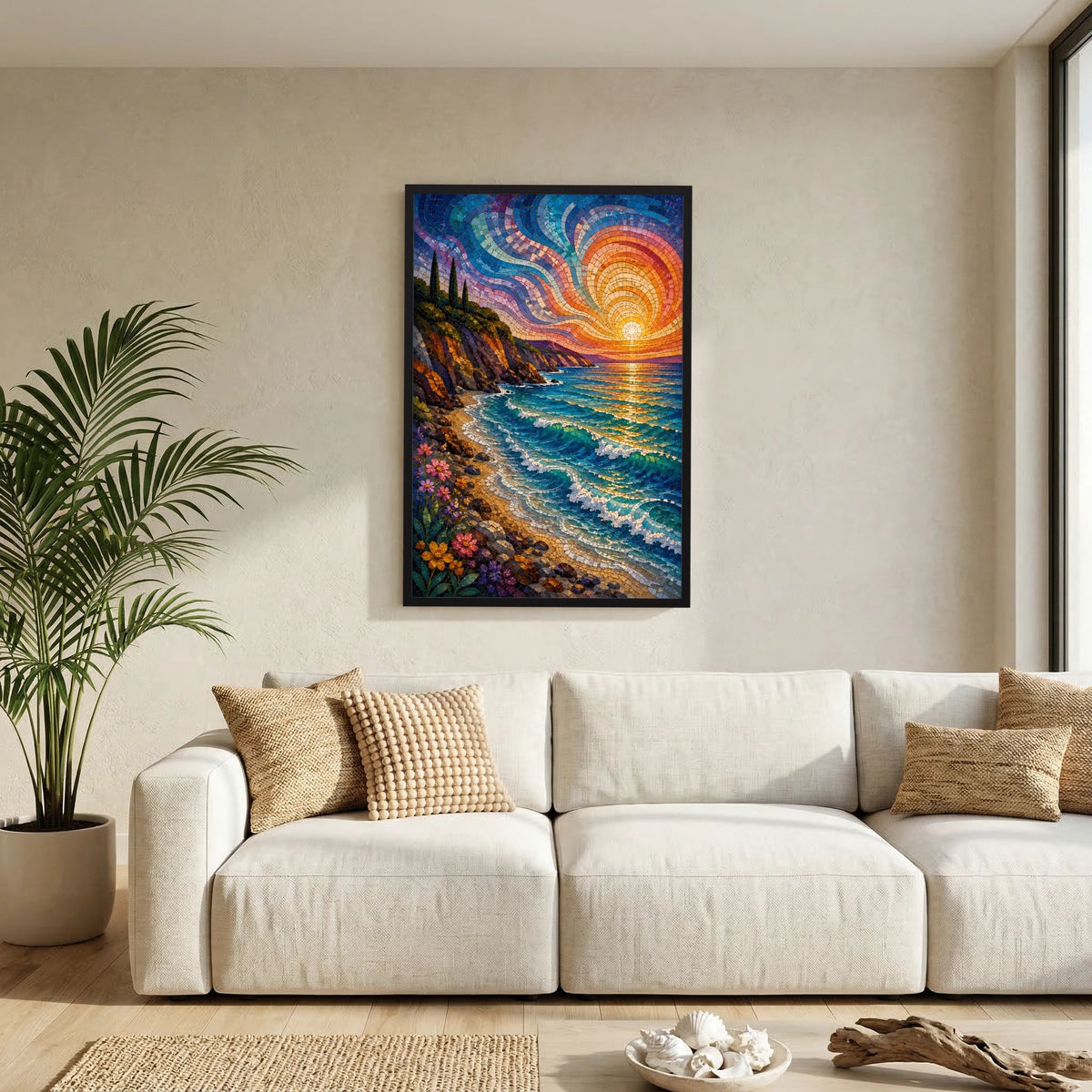 Mediterrane Küste im Mosaikstil | Sonnenuntergang am türkisblauen Meer | Poster Hochformat