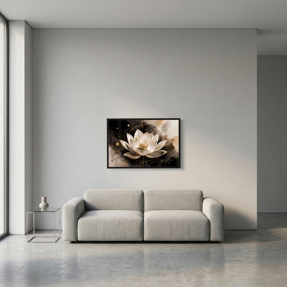 Kleinformatiges Rahmenposter mit abstrakter Lotusblüte in Schwarz, Gold und Weiß