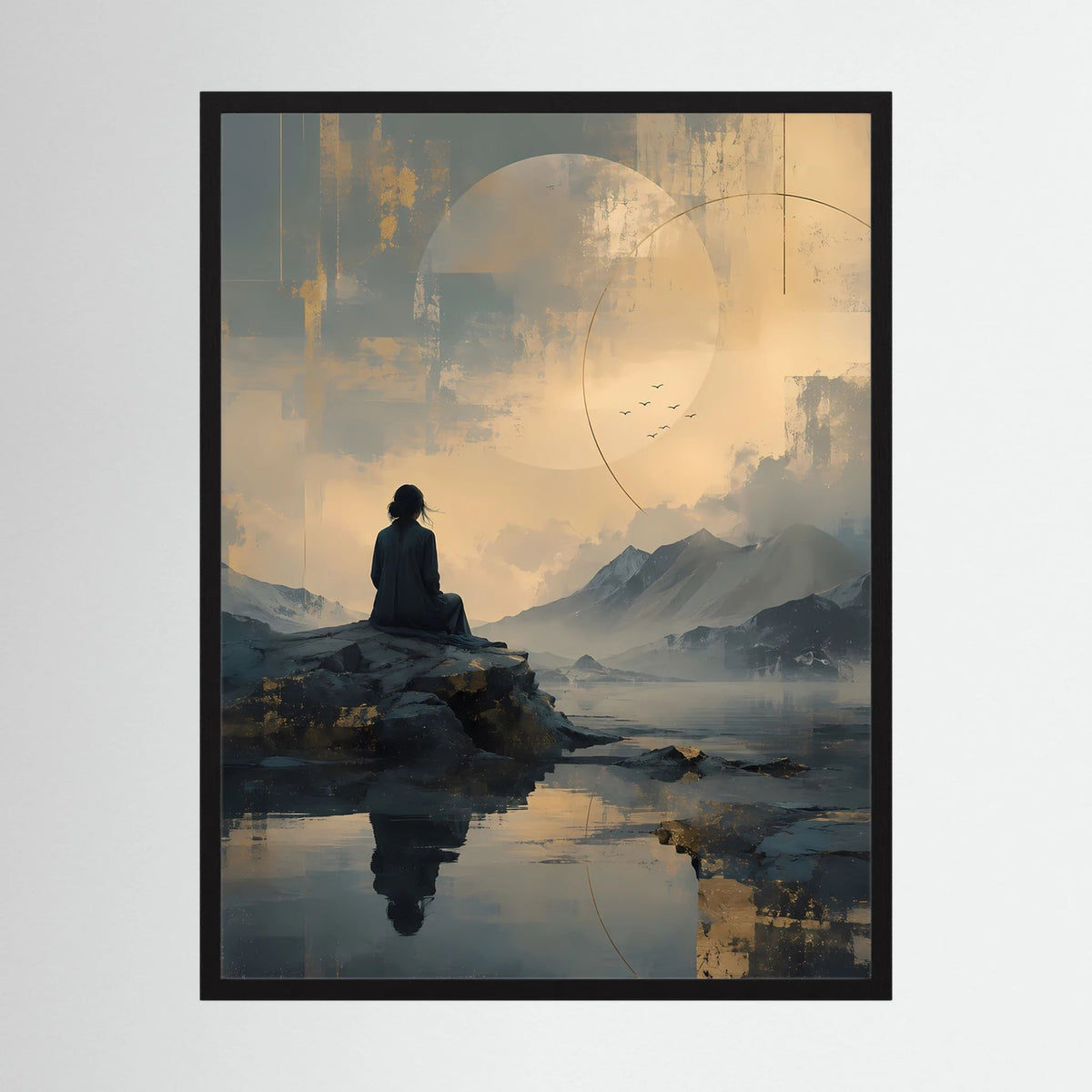 Gerahmtes Poster (Hochformat) mit meditierender Figur, Bergen und gold-grauer Landschaft
