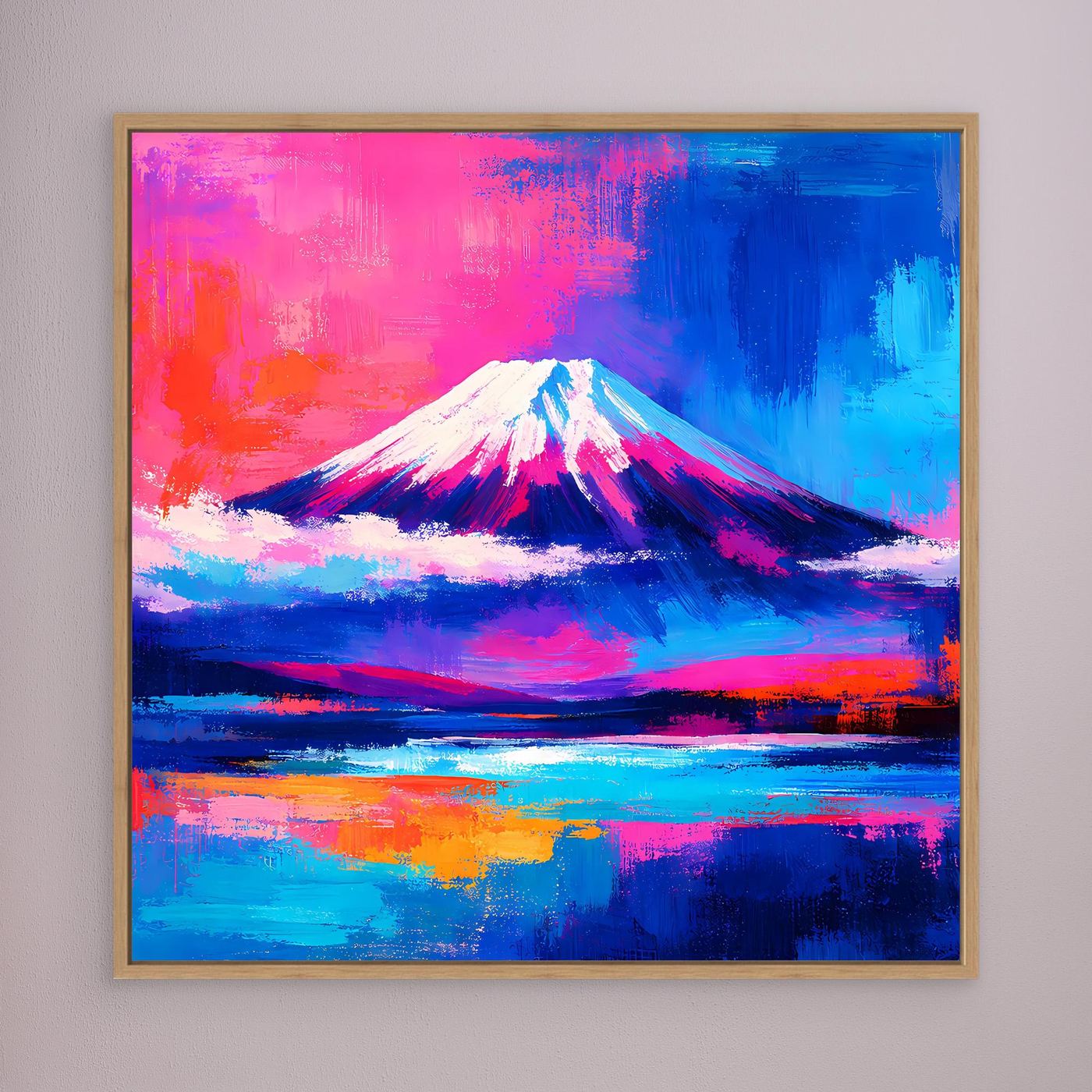 Leinwandbild Abstrakter Fuji bei Sonnenuntergang | Farbenfrohes Berg Wandbild auf echtem Holzkeilrahmen