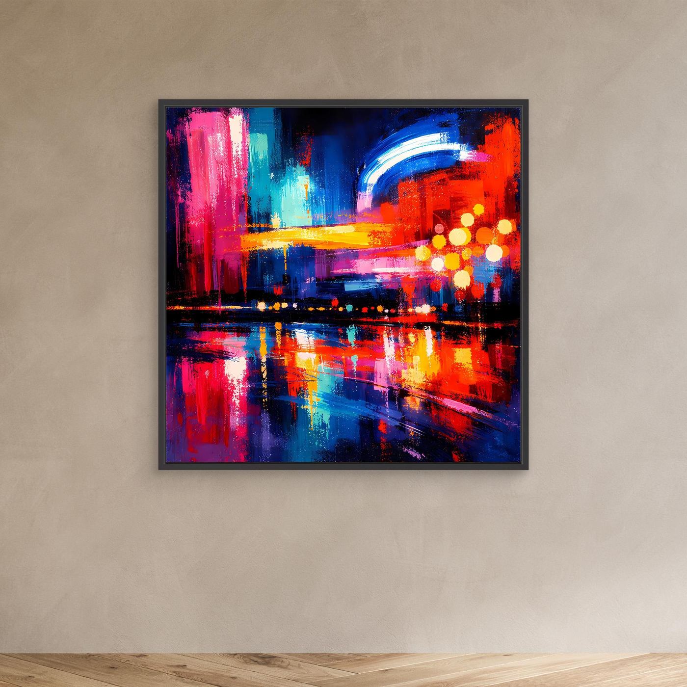 Abstraktes Leinwand-Wandbild (schwarzer Rahmen) mit Stadt-Skyline, leuchtende Punkte in Gelb