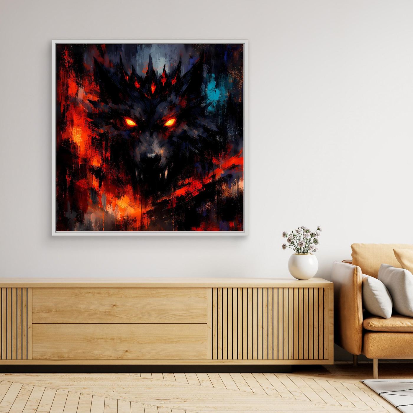 Gerahmtes Leinwand-Wandbild mit Schattenwolf, leuchtend rot-blauem Fantasy-Aquarell