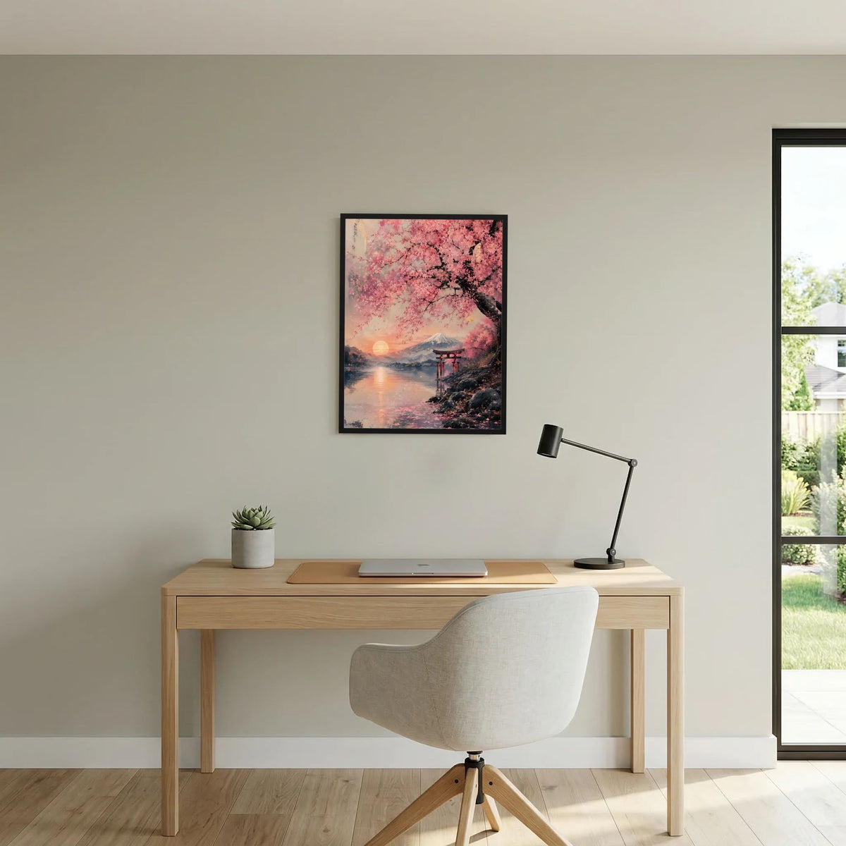 Kleines, schwarzes gerahmtes Hochformat-Poster mit Sakura-Blüten, Wasserlicht und Torii