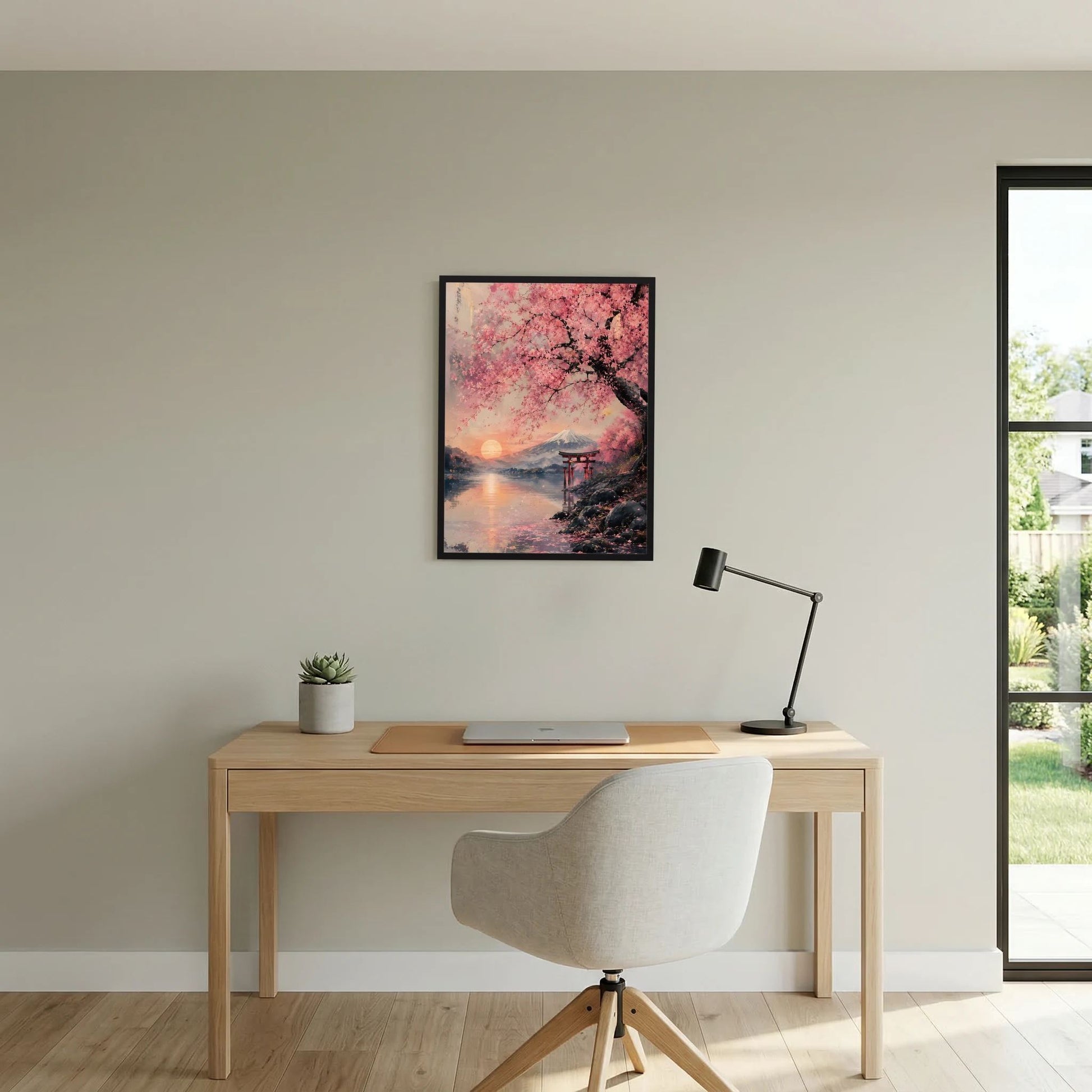 Kleines, schwarzes gerahmtes Hochformat-Poster mit Sakura-Blüten, Wasserlicht und Torii