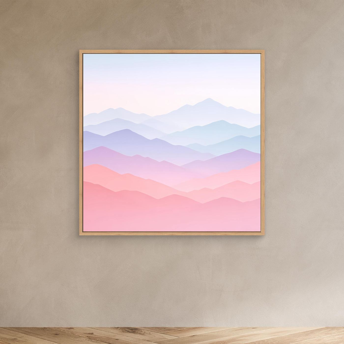 Leinwandbild Berglandschaft Pastellrosa und Blau mit Eichenrahmen, minimalistisch
