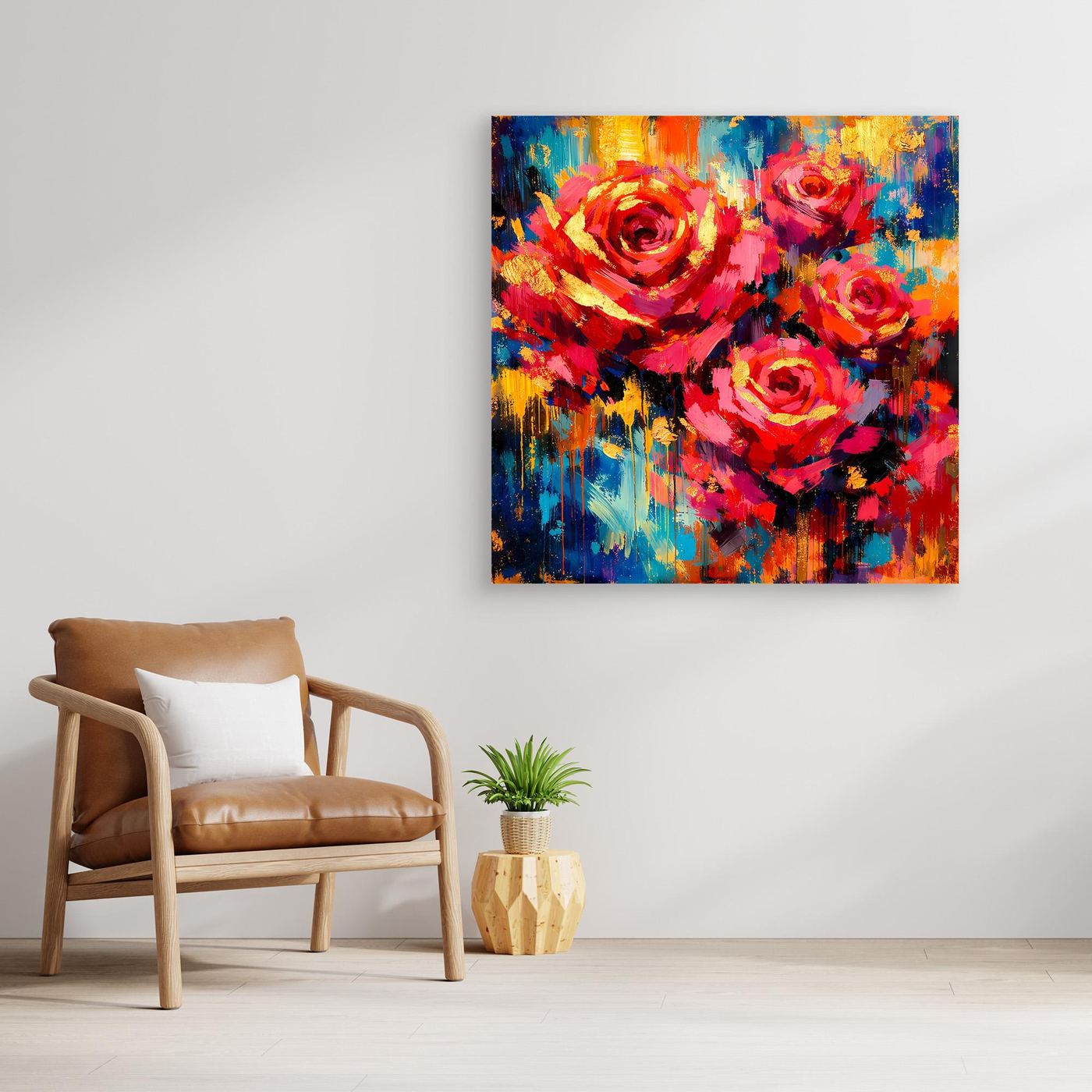 Leinwandbild mit abstrakten Rosen in Rot, Blau und Gelb, Holzrahmen