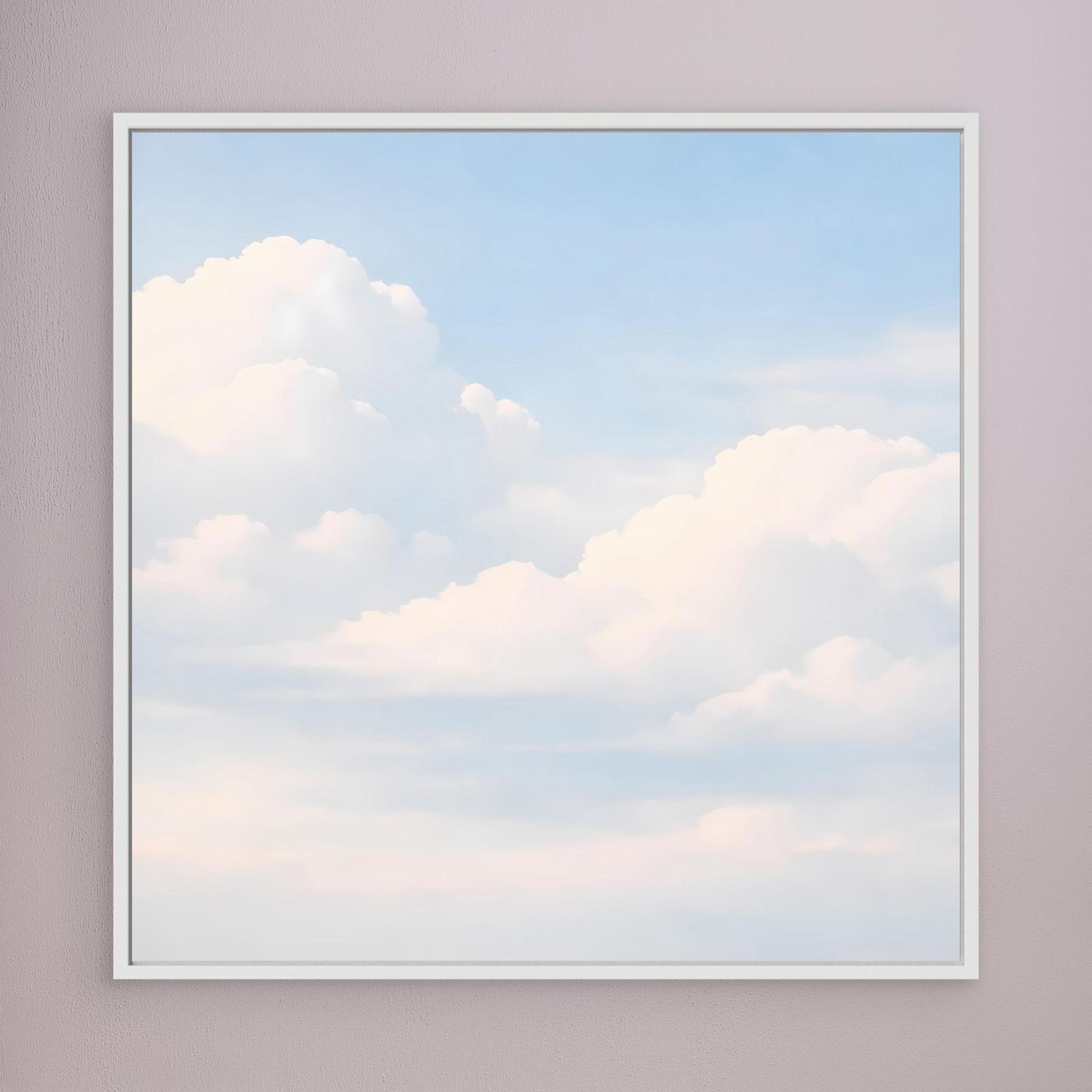 Quadratisches Leinwandbild mit Wolkenmotiv im pastelligen Himmel, weißer Rahmen