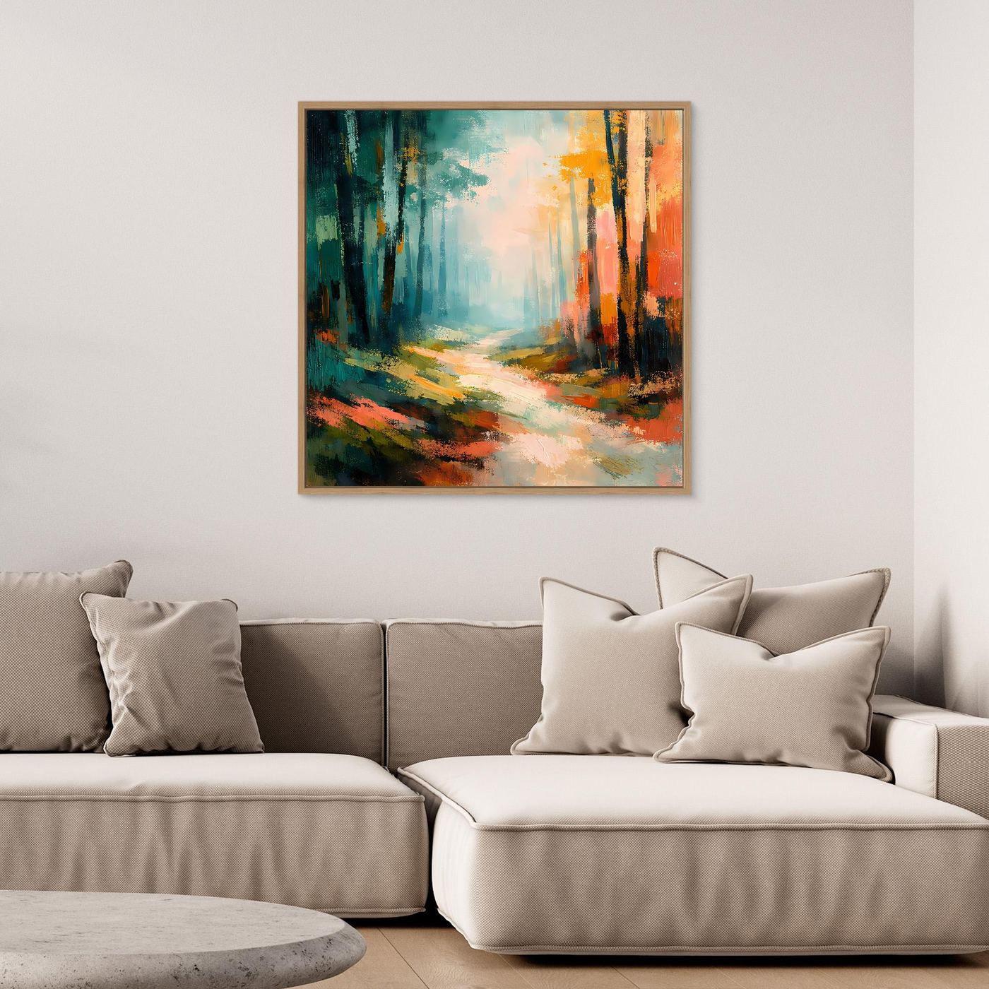 Leinwand-Wandbild mit abstraktem Waldweg im Herbst, mit goldfarbenem Rahmen