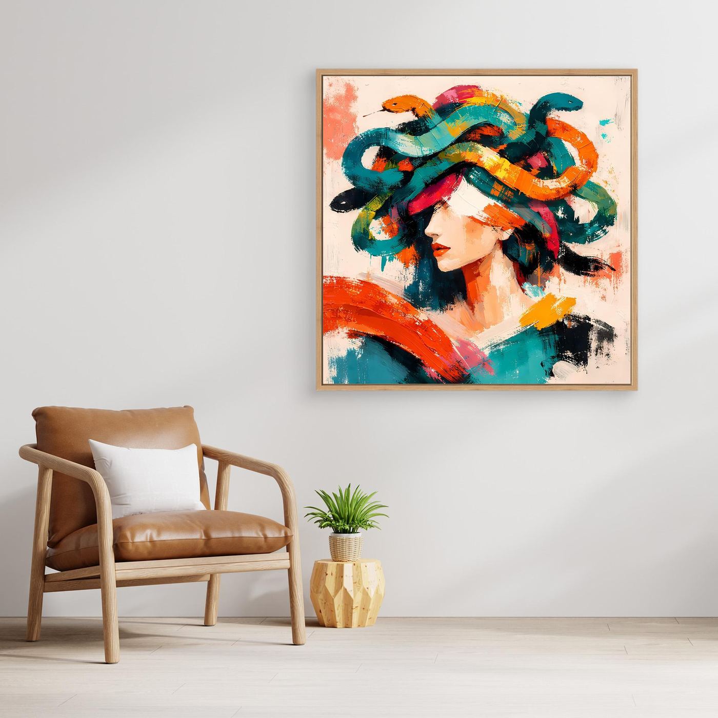 Wandbild mit Medusa-Porträt im Pop-Art-Stil, bunte Haare, Eichenrahmen