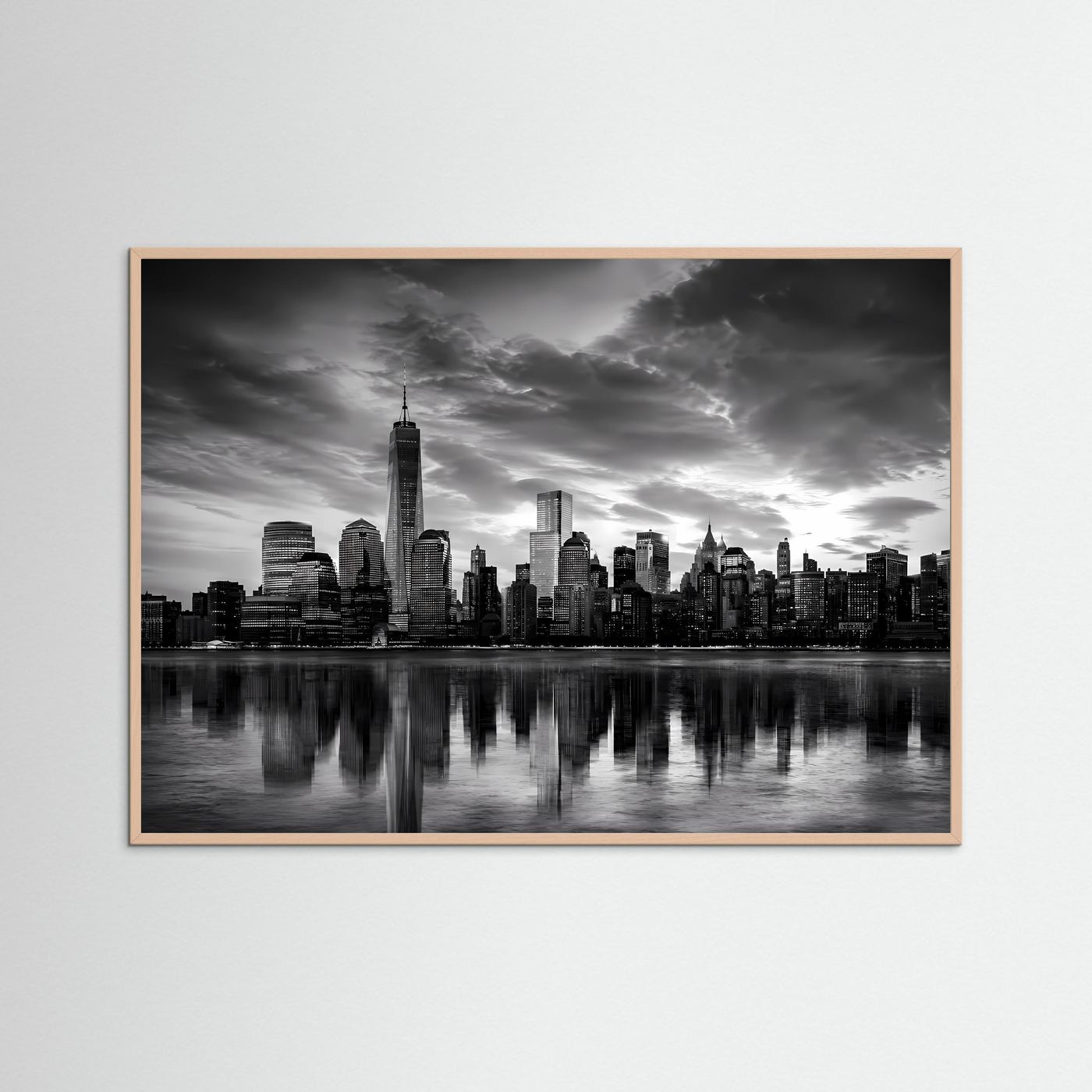 Schwarzweiß-Stadtpanorama als Poster mit Skyline und Spiegelung, hellbrauner Holzrahmen