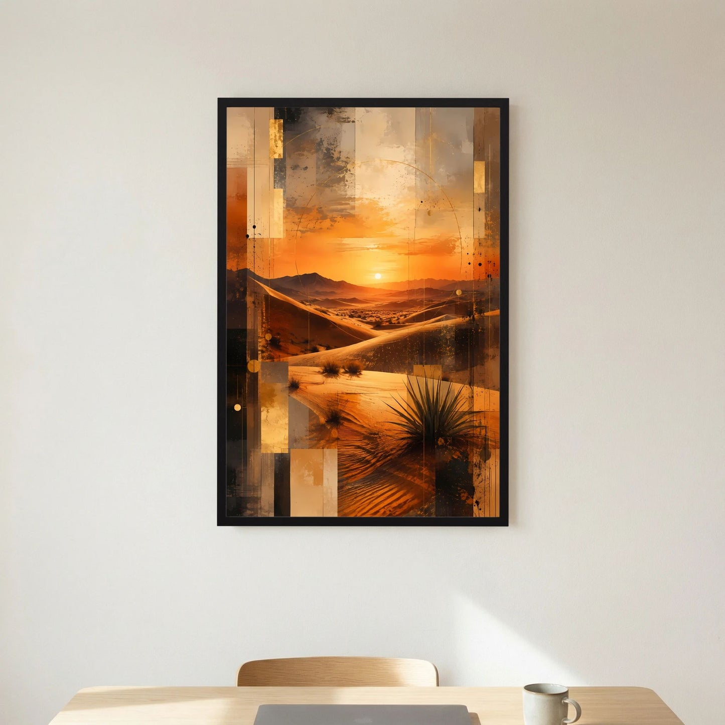 Wüstenlandschafts-Poster im Hochformat mit schwarzem Rahmen; abstrakte Wüstenformen und Sonne