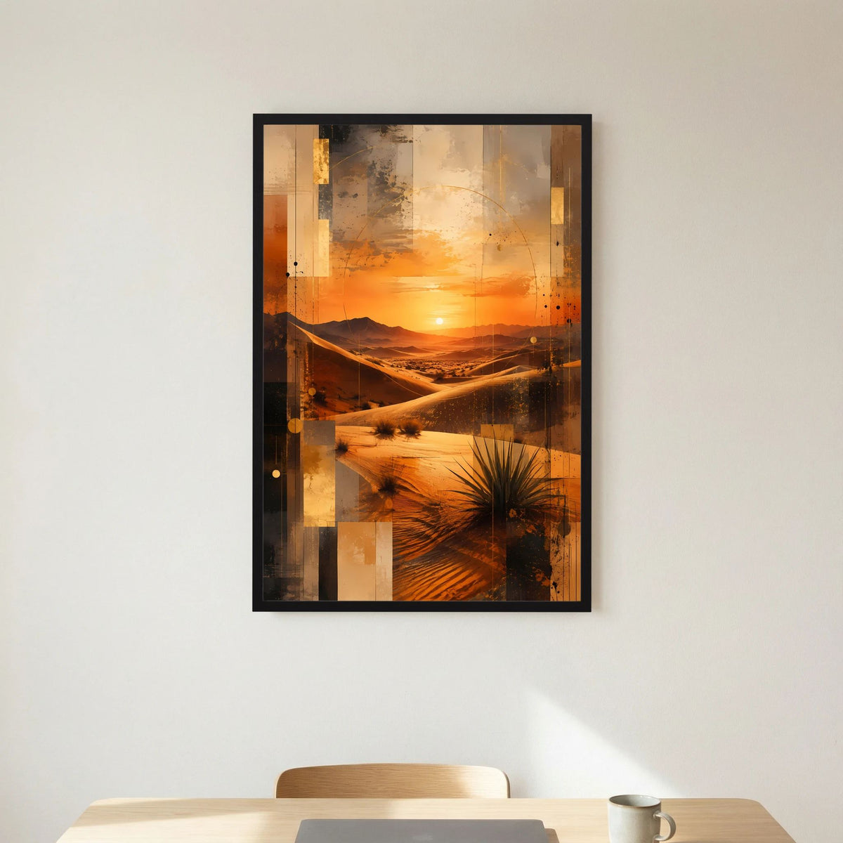 Wüstenlandschafts-Poster im Hochformat mit schwarzem Rahmen; abstrakte Wüstenformen und Sonne