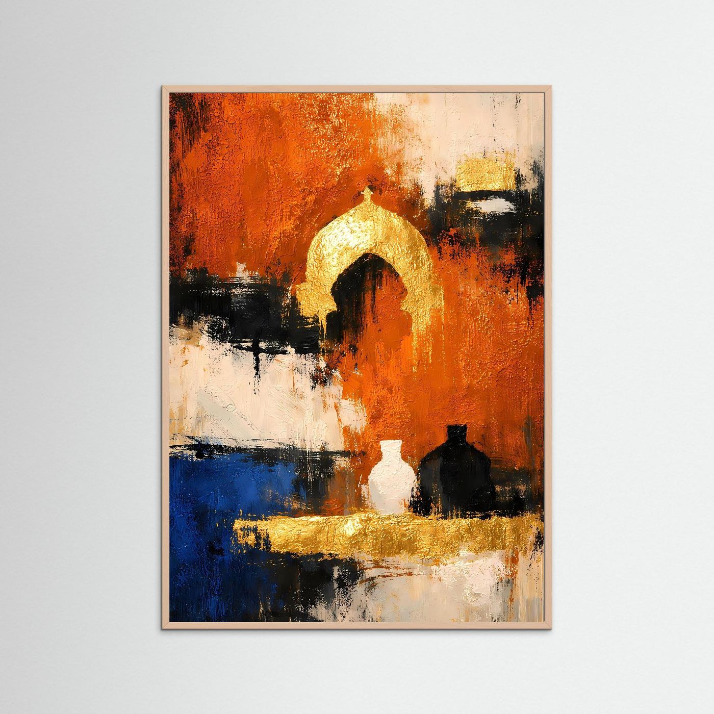 Abstraktes Stillleben mit rosafarbenem Holzrahmen: orange, blau, goldene Bogenform, schwarze Details