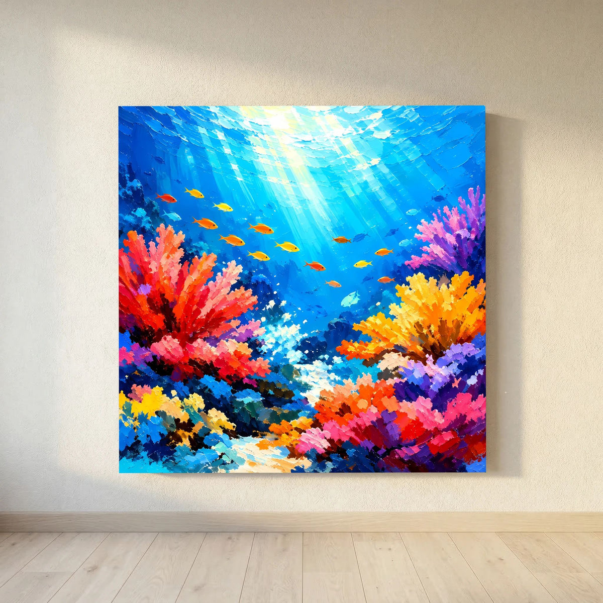 Quadratisches Unterwasser-Wandbild: bunte Korallen, Fische und helles Lichtband