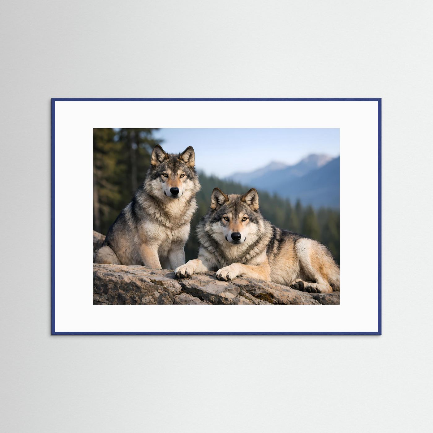 Poster mit Wolfspaar im Gebirge, querformatig, im blauen Holzrahmen.