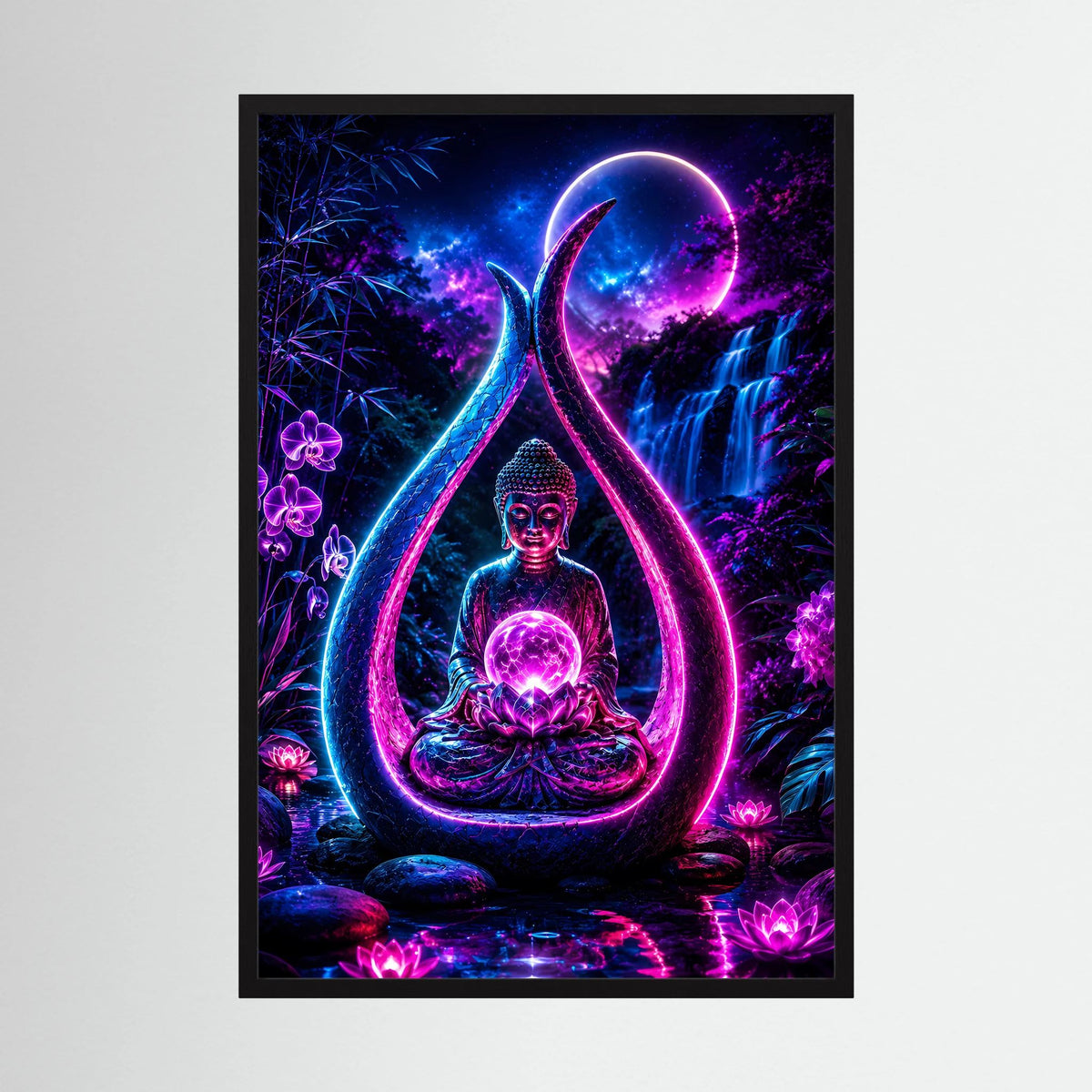 Neon-Poster im Hochformat: Buddha in Lotuspose mit mondähnlichem Licht, schwarzer Rahmen