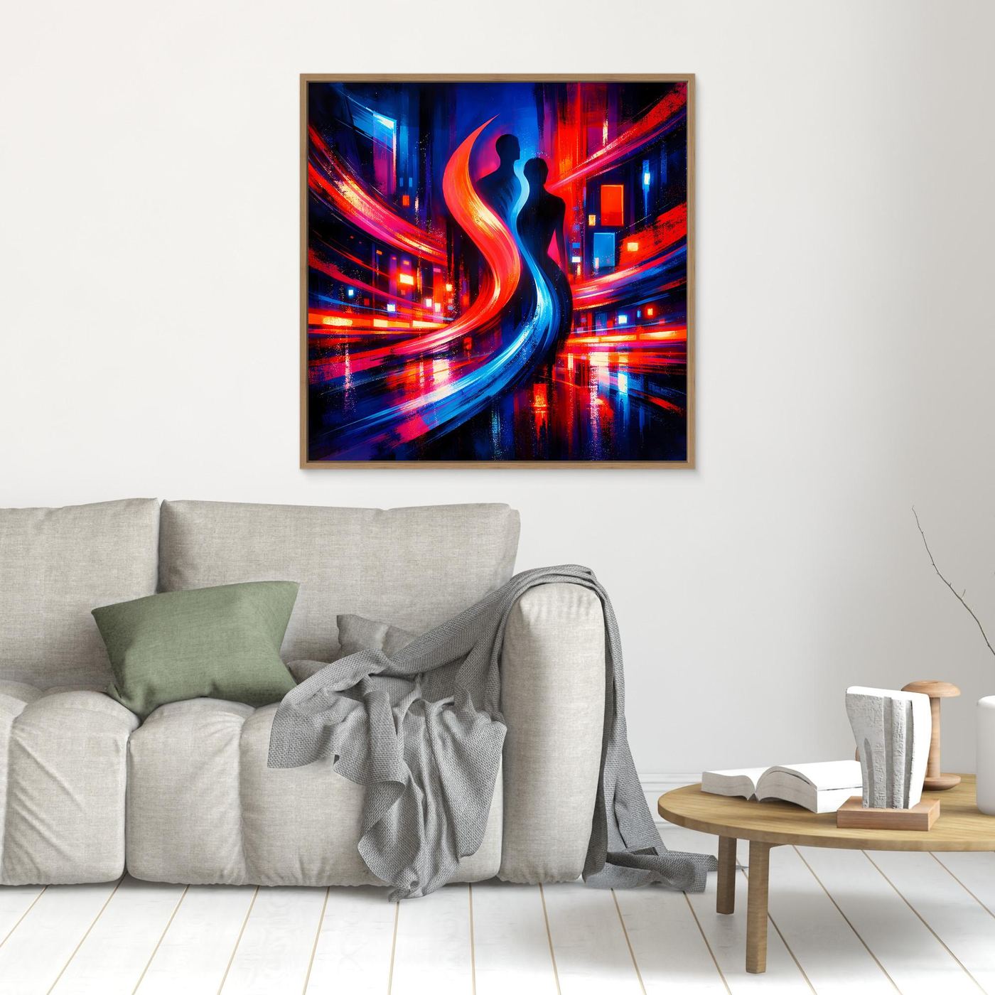 Wandbild mit Holzrahmen, abstraktes Cyberpunk-Paar in Neonfarben