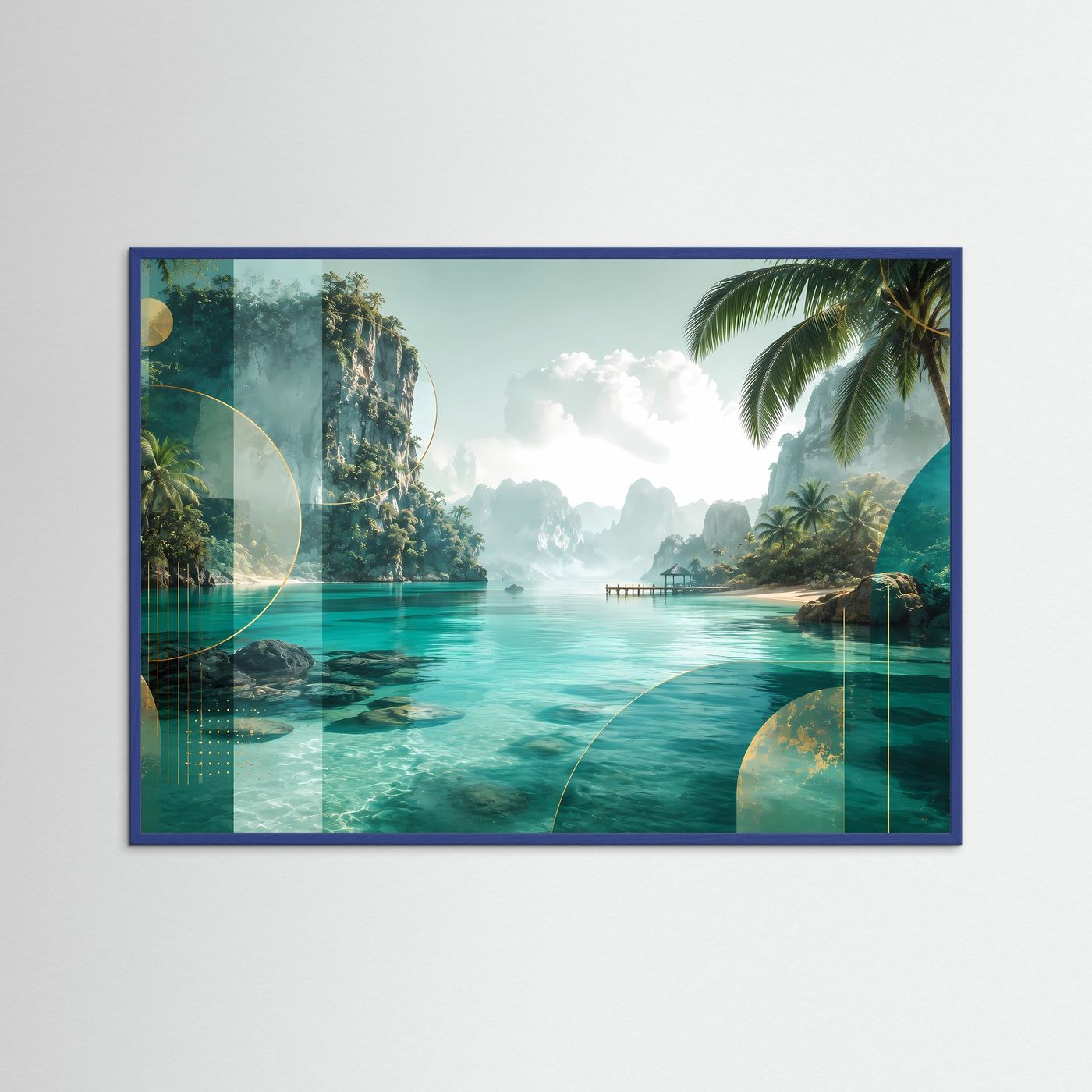 Querformatiges Tropen-Poster mit türkisfarbenem Wasser und Palmen, im blauem Holzrahmen