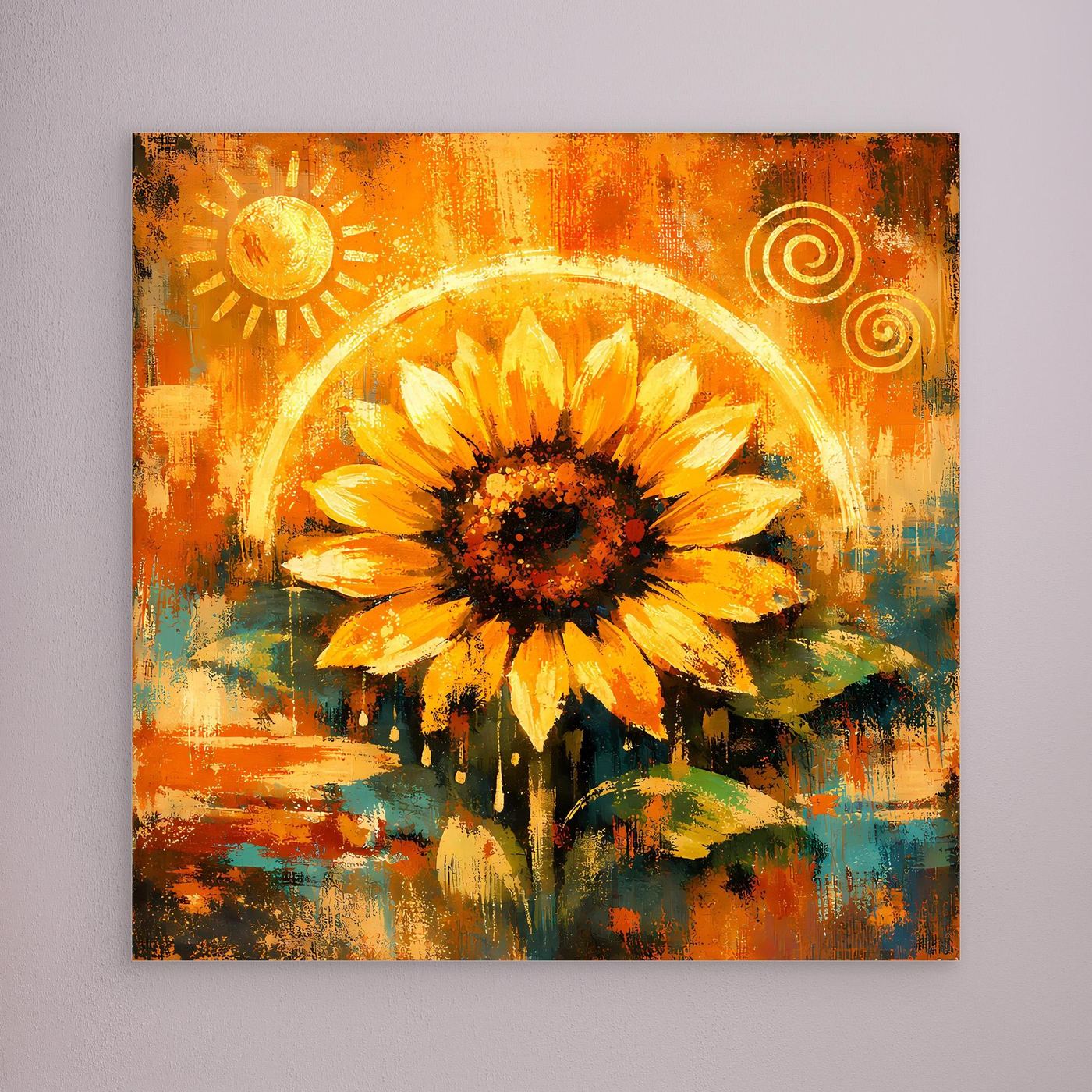 Leinwand-Wandbild mit abstrakter Sonnenblume in Goldtönen, ohne sichtbaren Rahmen